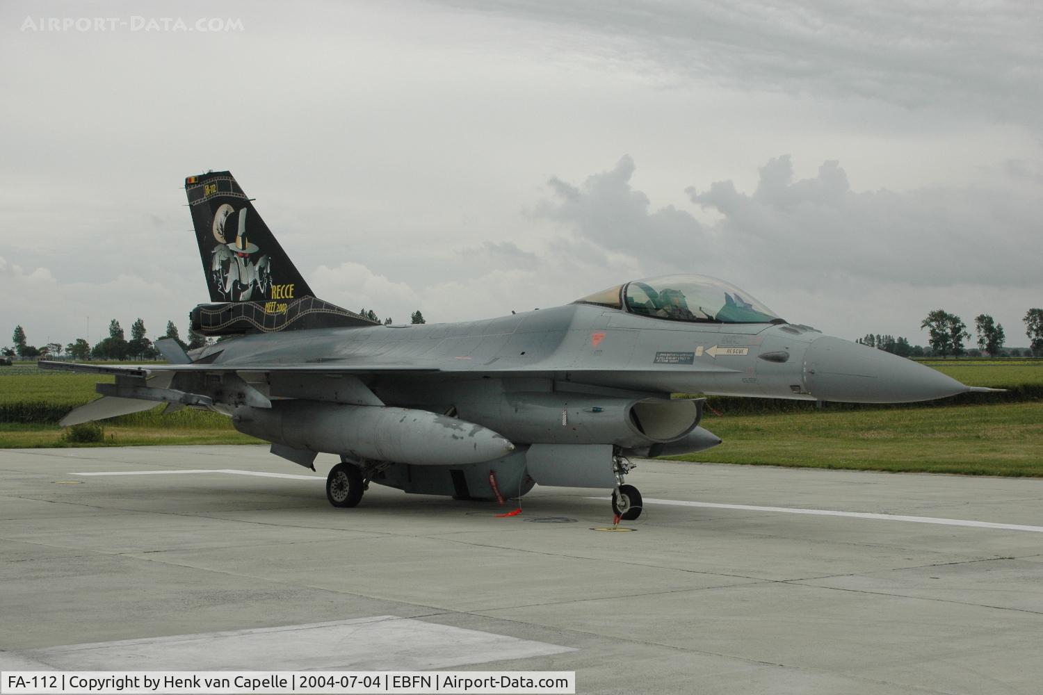 FA-112, 1989 SABCA F-16AM Fighting Falcon C/N 6H-112, Belgische Luchtmacht F-16AM with recce pod at Koksijde Air Base, Belgium. The colourful fin shows it has been to the Recce Meet 2003.