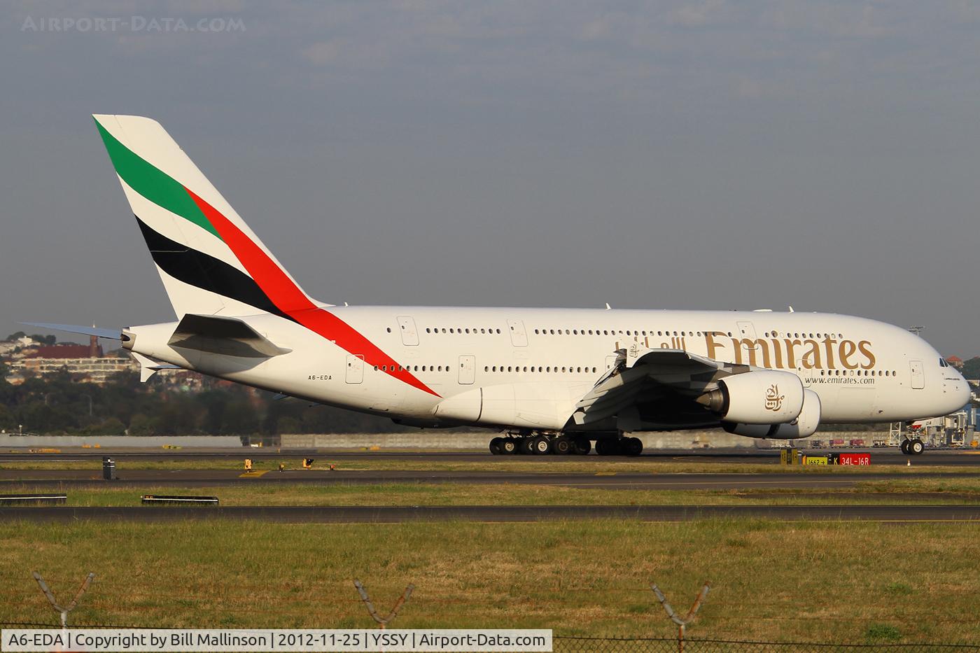 A6-EDA, 2007 Airbus A380-861 C/N 011, taxiing from 34L as EK412 from DBX