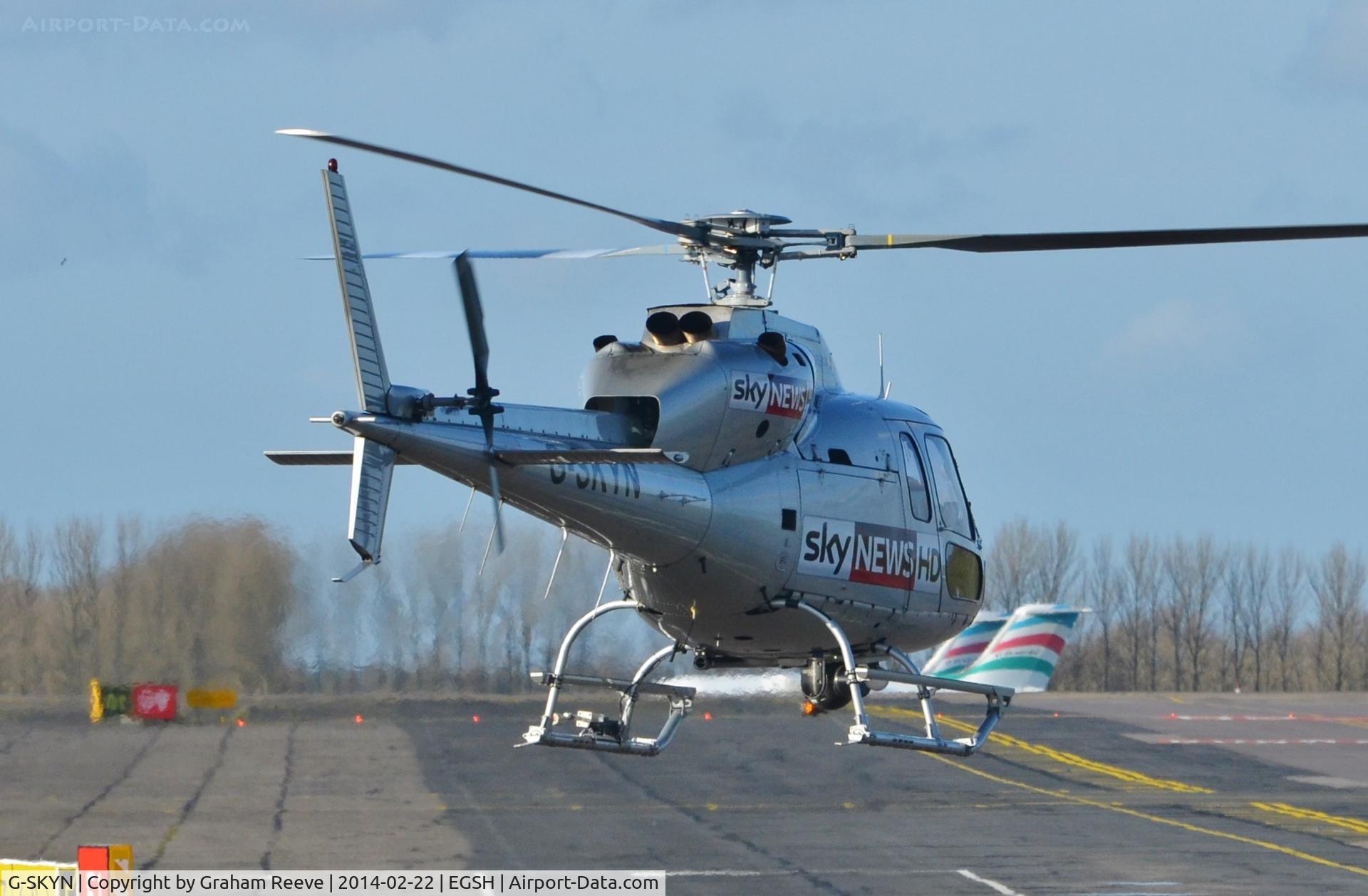 G-SKYN, 1982 Aerospatiale AS-355F-1 Twin Squirrel C/N 5185, Departing from Norwich.