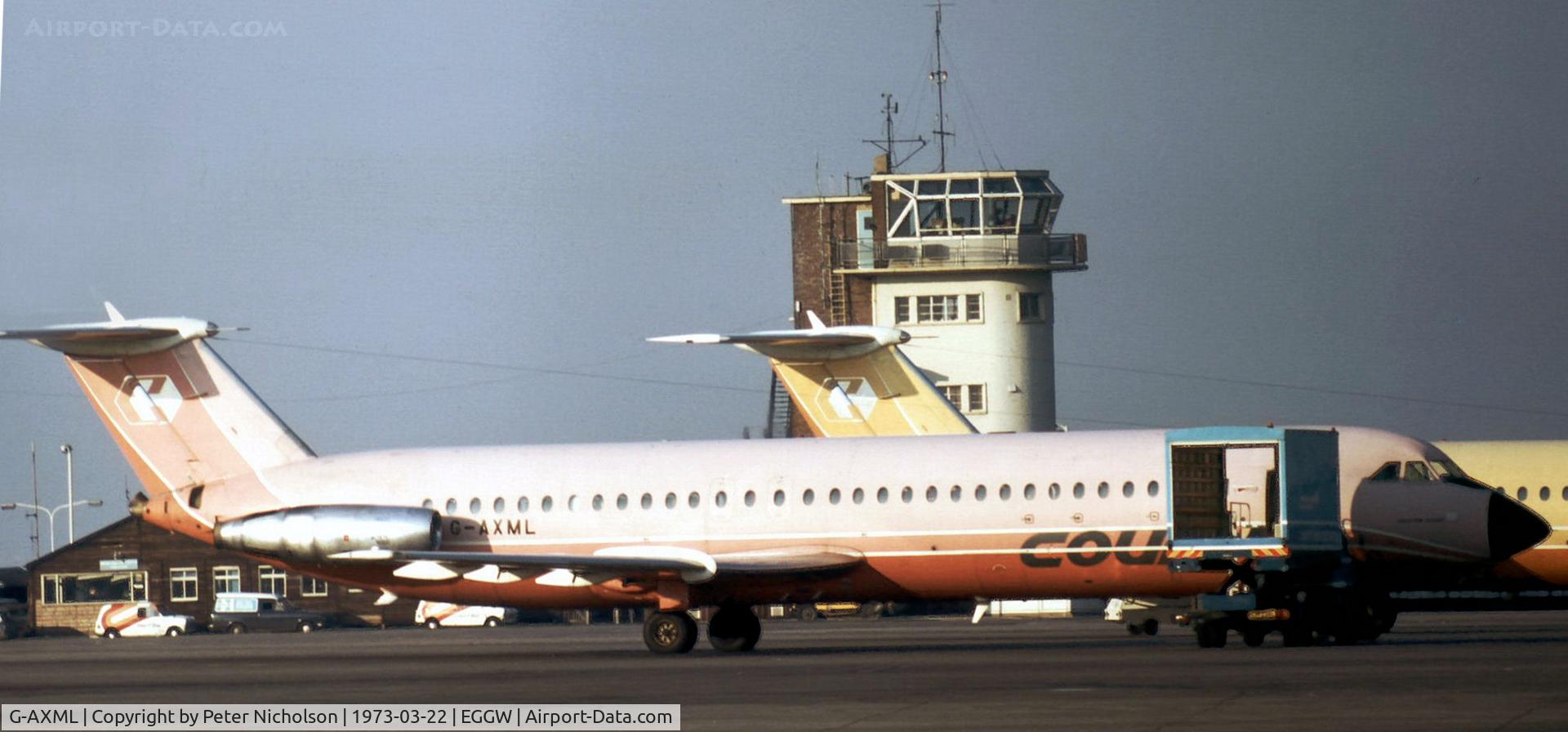 G-AXML, 1970 BAC 111-518FG One-Eleven C/N BAC.206, One Eleven 518FG of Court Line as seen at Luton in the Spring of 1973.