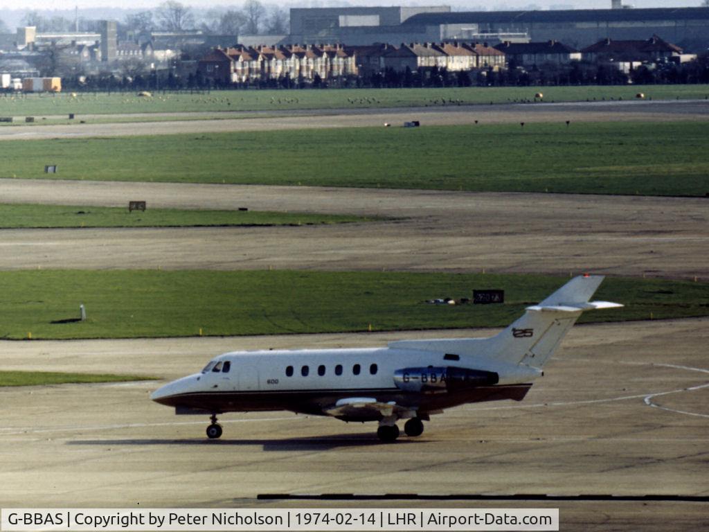G-BBAS, 1973 Hawker Siddeley HS.125 Series 600B C/N 256017, HS.125 Series 600B as seen at Heathrow in February 1974.
