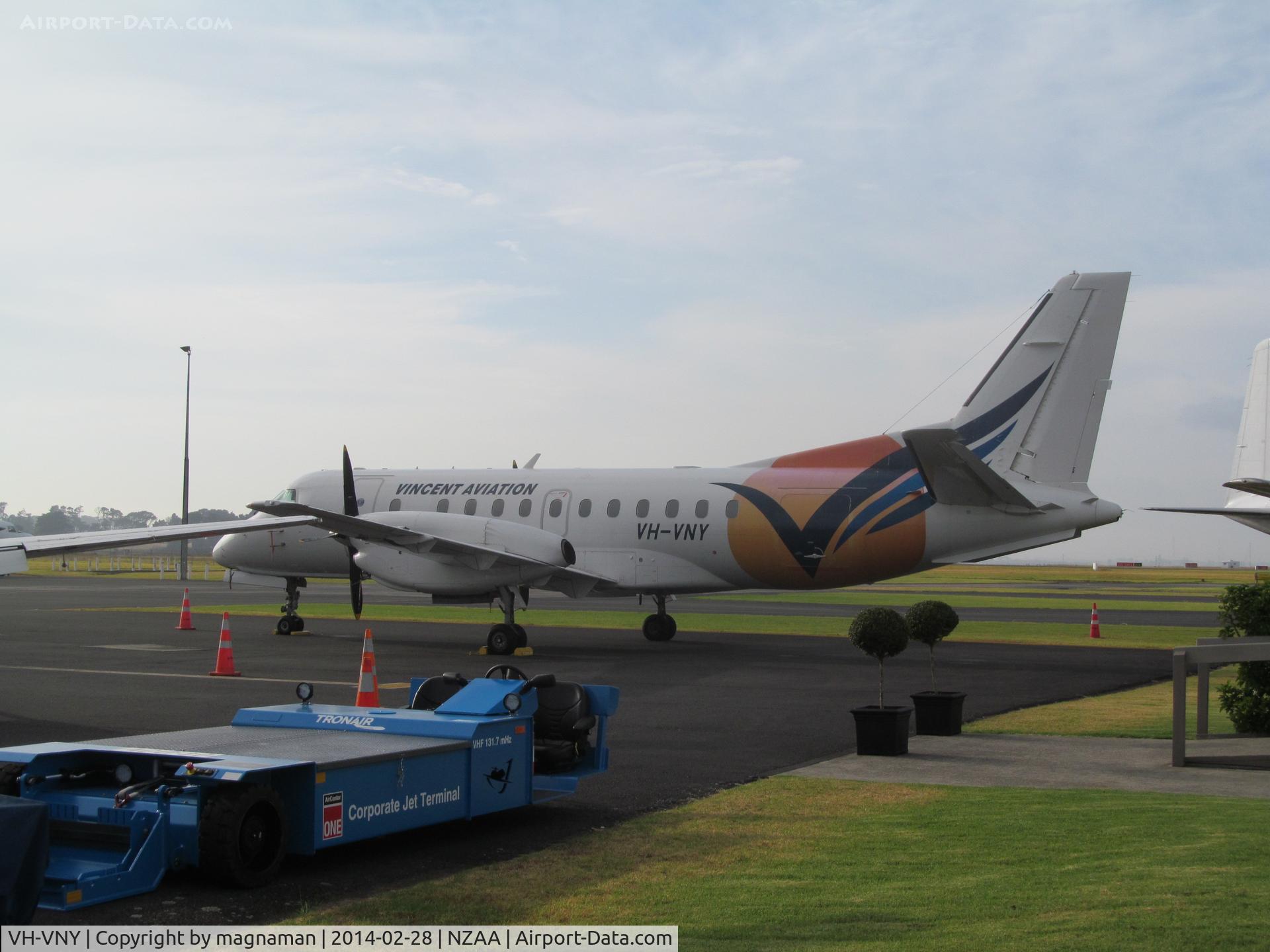 VH-VNY, 1997 Saab 340B C/N 340B-421, On ramp for final flight out of NZ back to OZ at end of golf tour.