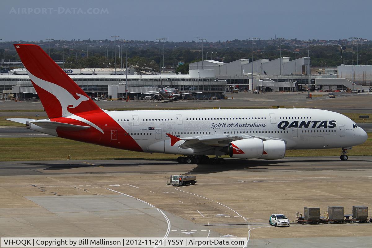 VH-OQK, 2011 Airbus A380-842 C/N 063, taxiing to 34L