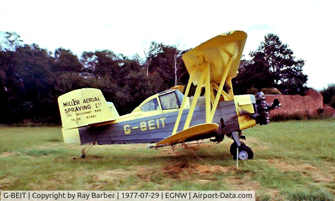 G-BEIT, 1976 Schweizer G-164B AgCat C/N 110B, Schweizer-Grumman G-164B Ag-Cat [110-B] (Miller Aerial Spraying Ltd) Wickenby~G 29/07/1977. Taken from a slide.
