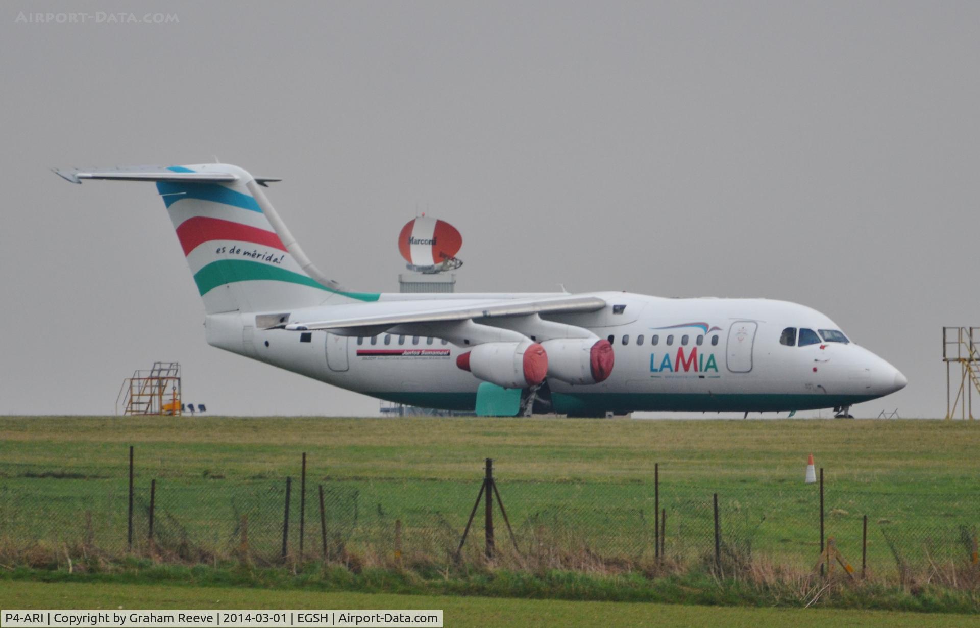 P4-ARI, 2000 British Aerospace Avro 146-RJ85A C/N E2370, Parked at Norwich.