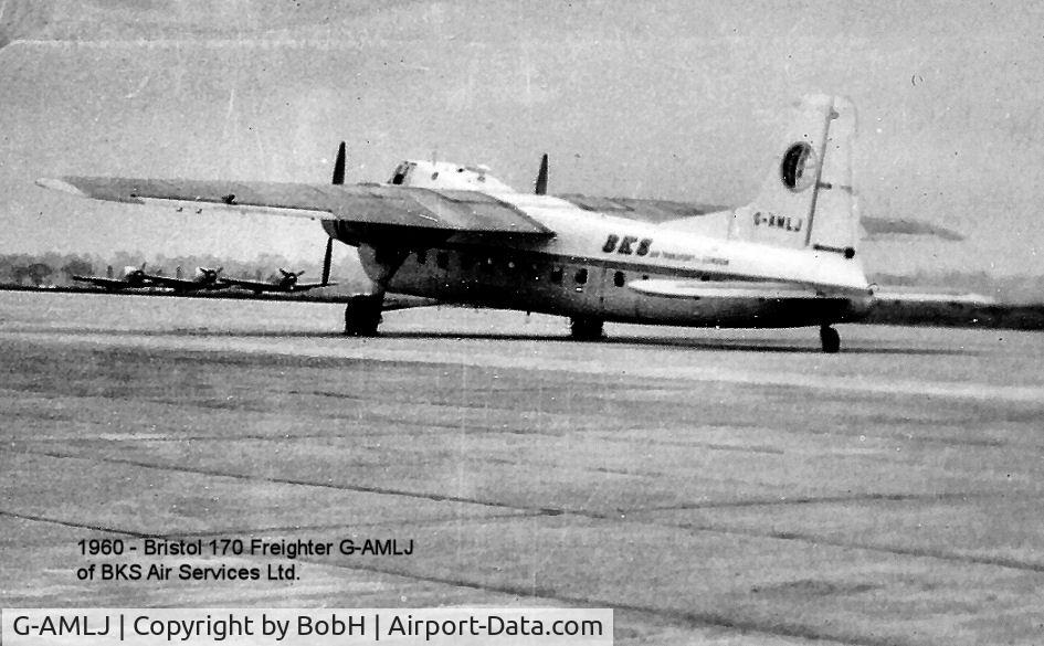 G-AMLJ, 1952 Bristol 170 Freighter Mk.31 C/N 13072, Picture taken in 1960. I am not sure of location but Suspect RAF Gaydon at their Air Day. G-AMLJ was owned by BKS Air Freight Ltd until 11th March 1966 when it was sold to Eire as EI-APC.