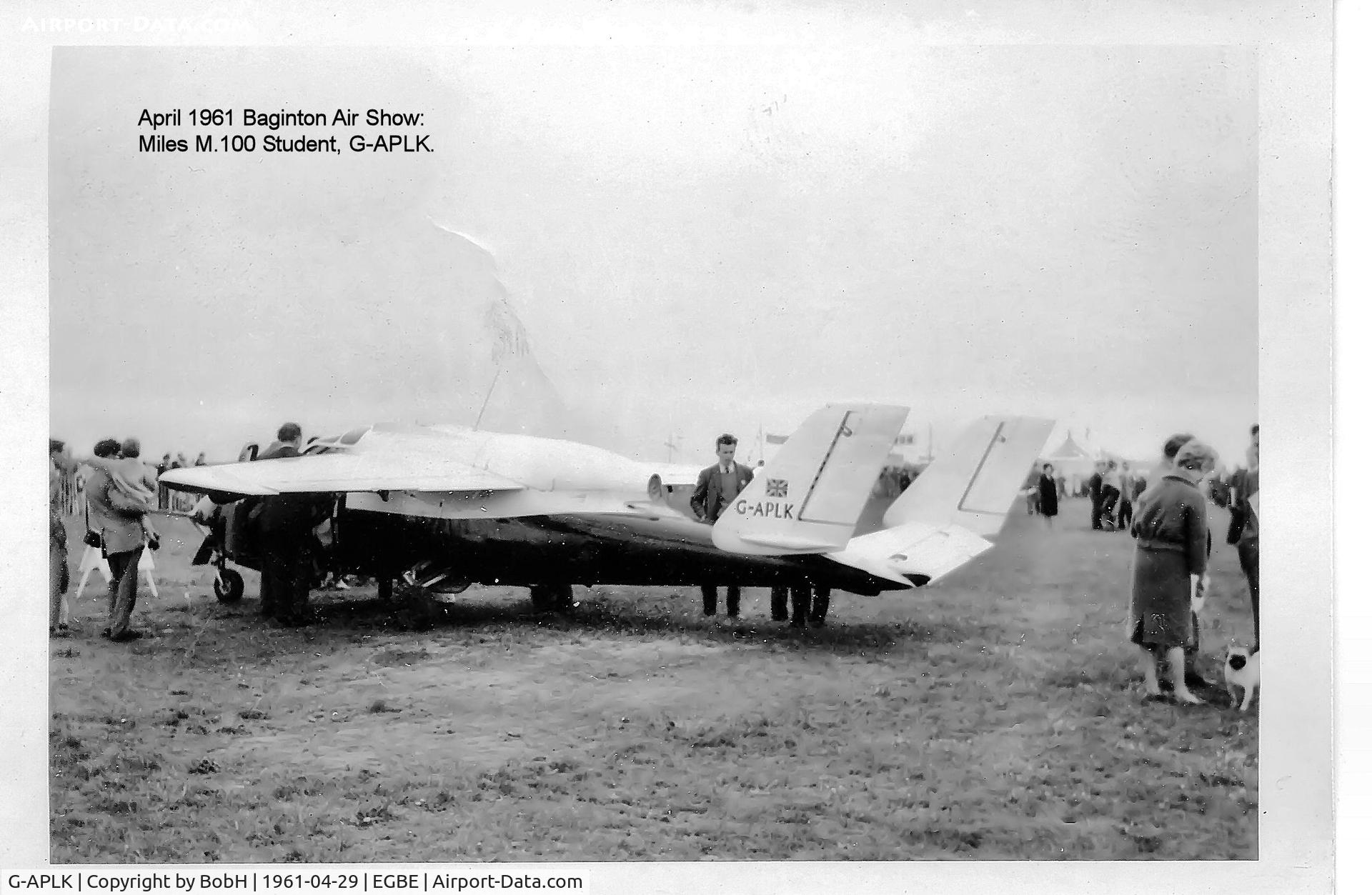 G-APLK, 1957 Miles M.100 Student C/N 100/1008, Miles M.100 Student, G-APLK at Baginton in April 1961. This was the only M.100 built - it bore G-35-4 when first flew in May 1957 and XS941 when evaluated by the RAF (the Jet Provost won the contract though) then eventually it was re-registered as G-MIOO