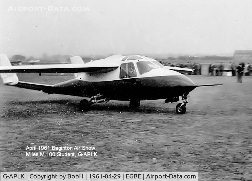G-APLK, 1957 Miles M.100 Student C/N 100/1008, Baginton April 1961. The Turbomeca Turbojet Engine was manufactured under licence by Blackburn Aircraft.