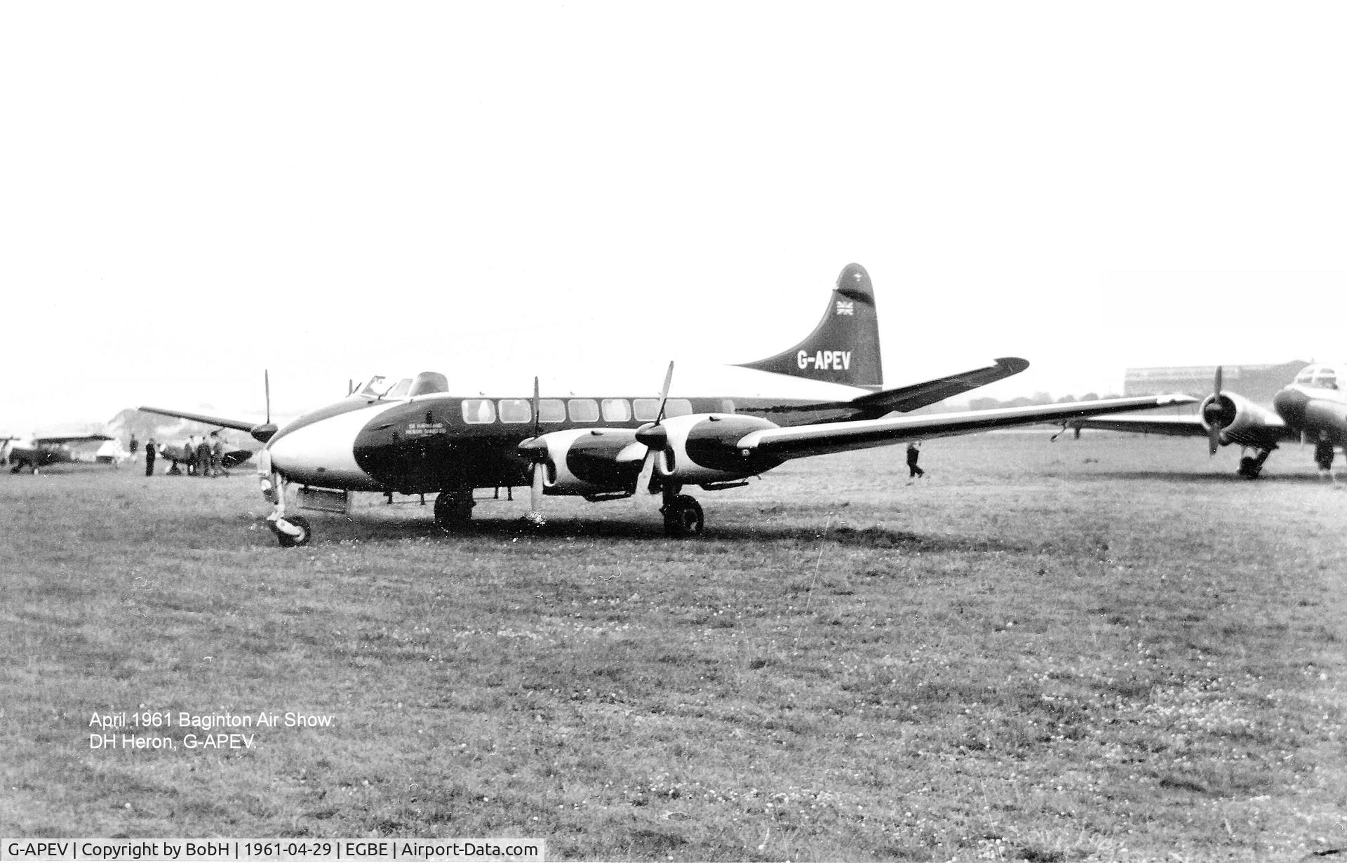 G-APEV, 1957 De Havilland DH-114 Heron 2D C/N 14125, G-APEV at Baginton in April 1961.