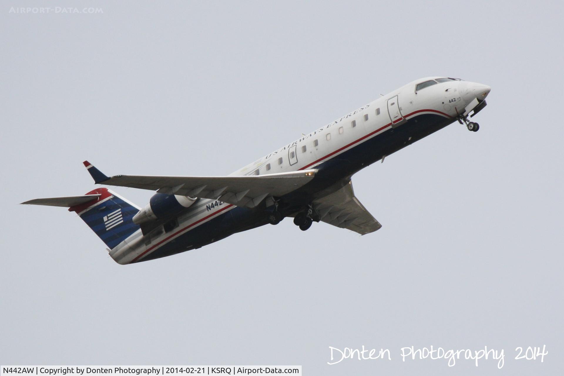 N442AW, 2003 Bombardier CRJ-200LR (CL-600-2B19) C/N 7778, US Air Flight 4078 operated by Air Wisconsin (N442AW) departs Sarasota-Bradenton International Airport enroute to Reagan National Airport