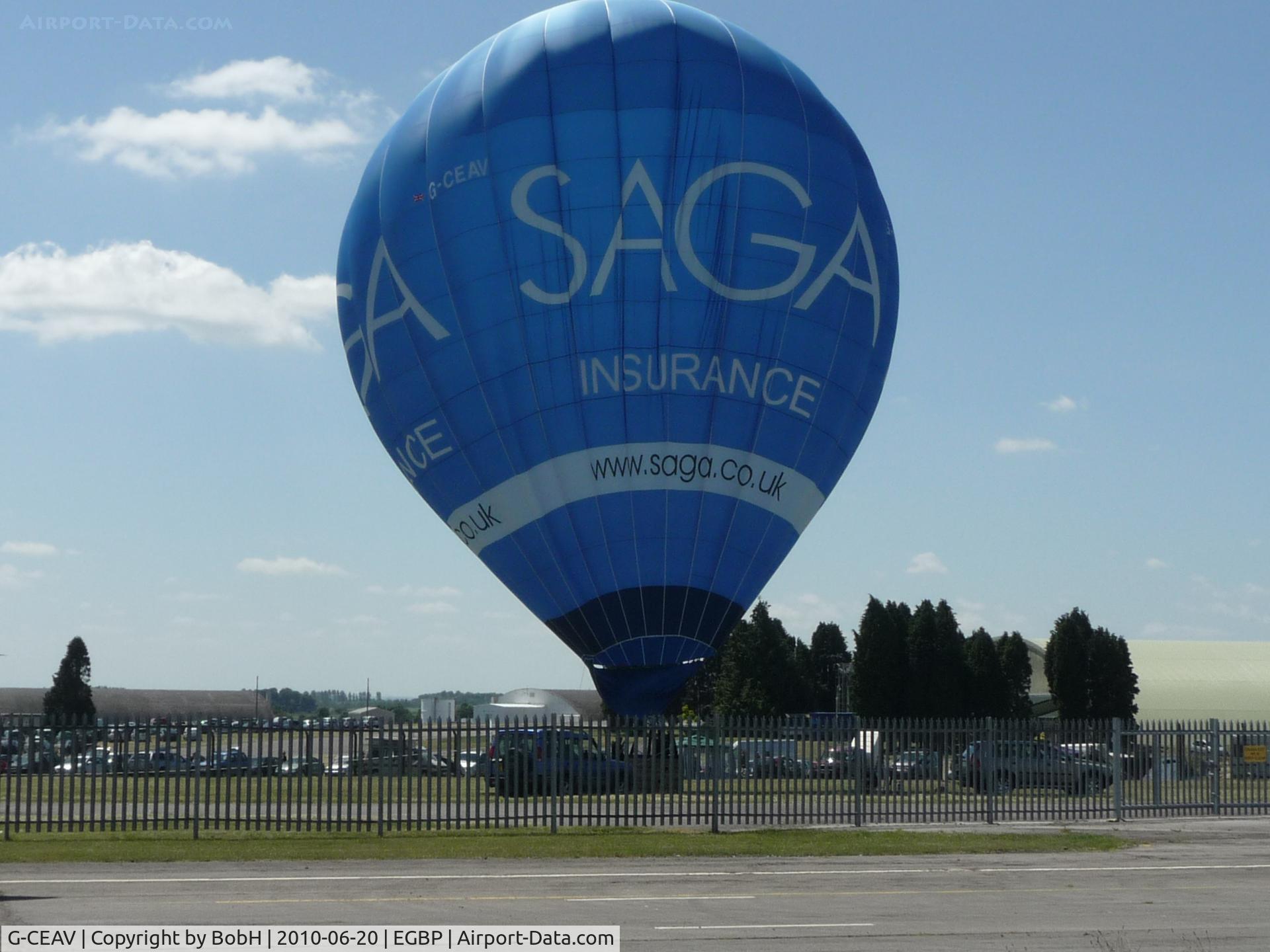 G-CEAV, 2006 UltraMagic M-105 C/N 105/140, G-CEAV at Kemble Air show June 2010. Advertising SAGA for us over 50's!