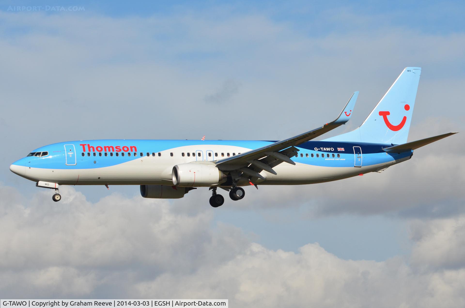 G-TAWO, 2013 Boeing 737-8K5 C/N 37255, About to land.