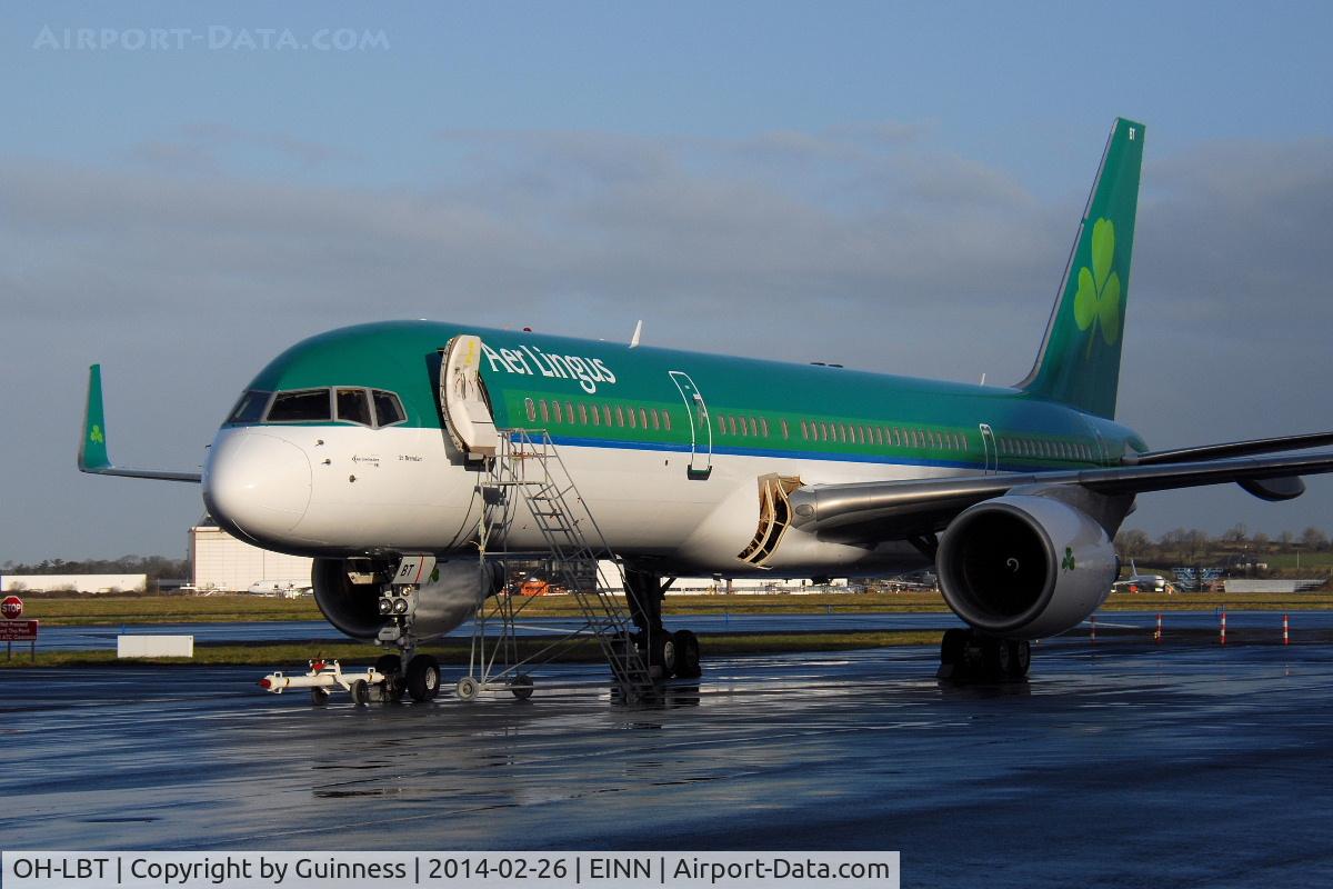 OH-LBT, 1998 Boeing 757-2Q8 C/N 28170, seen shortly after roll out in Aer Lingus colours. 
Named St.Brendan it is due to be registered EI-LBT and operated by Air Contractors.