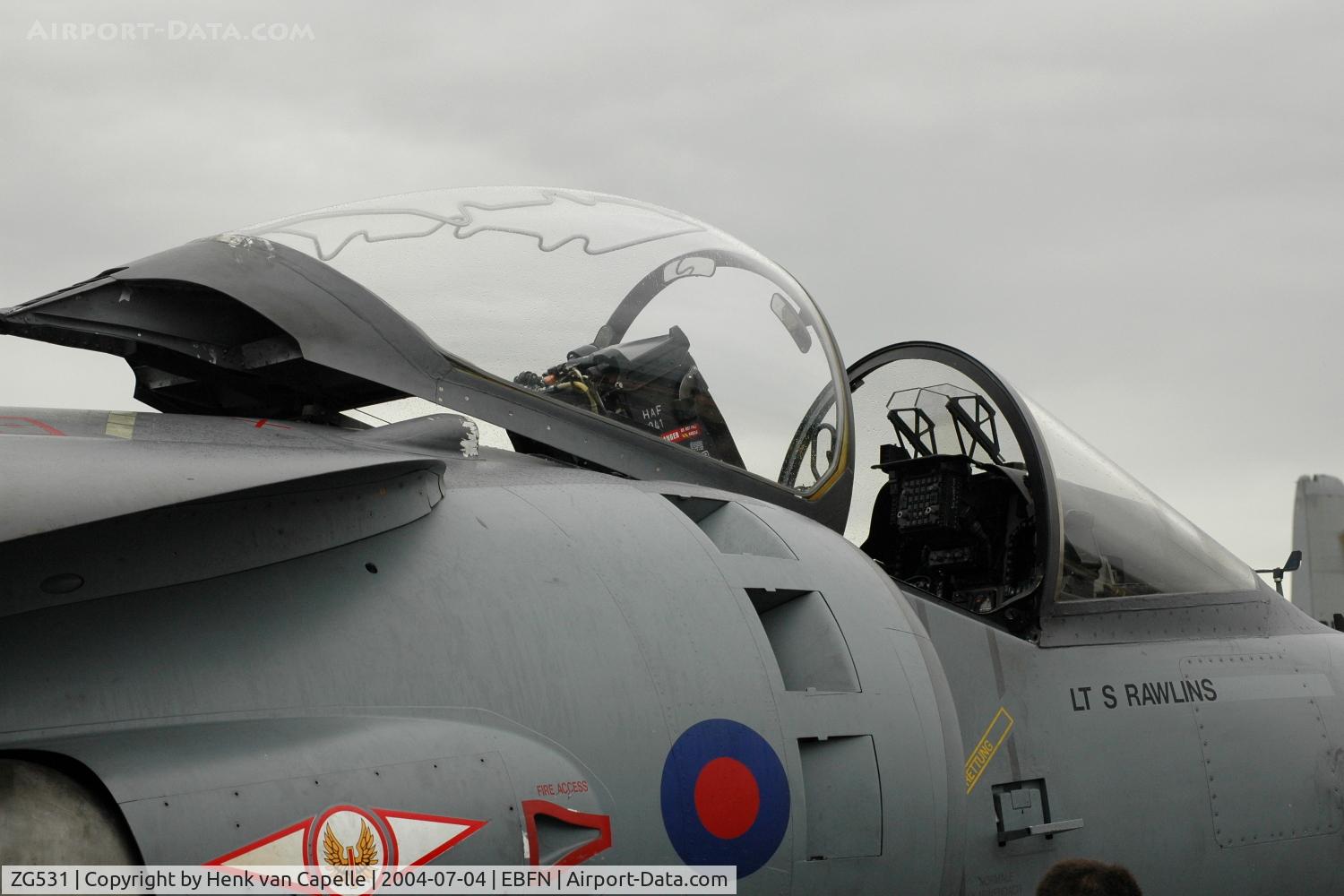 ZG531, 1991 British Aerospace Harrier GR.7 C/N P85, RAF Harrier GR7 at Koksijde Air Base, Belgium. Close-up of Lt Rawlins office.