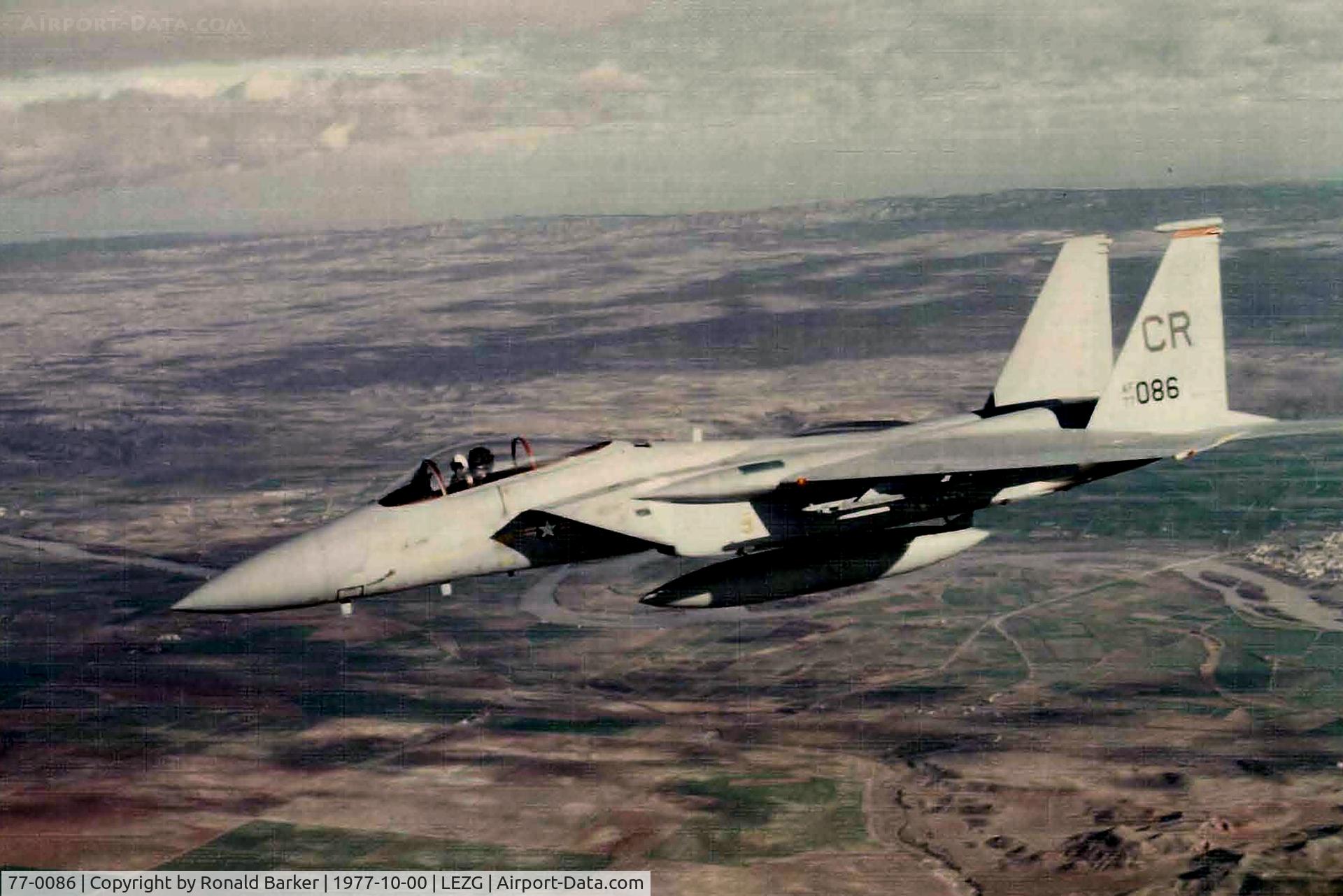 77-0086, McDonnell Douglas F-15A-19MC C/N 0367/A298, 32 TFS TDY Zaragpoza. Returning from shooting the dart.