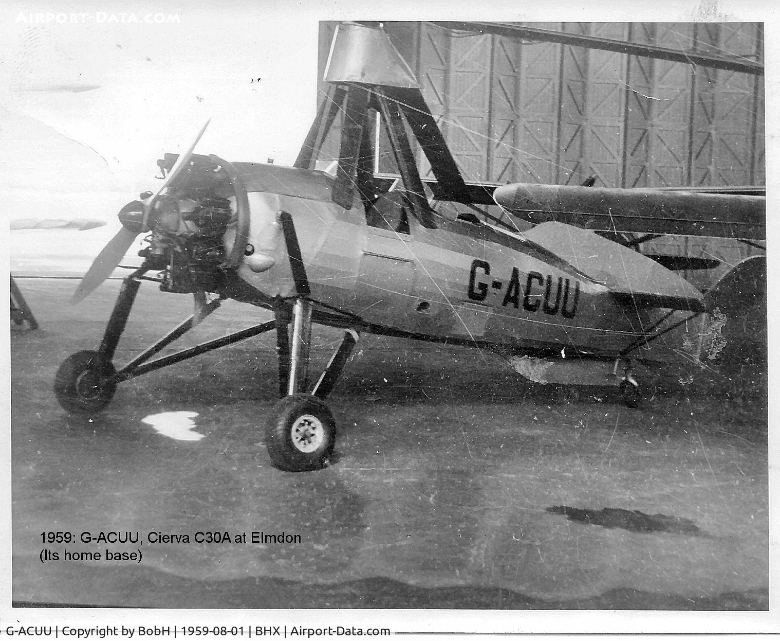 G-ACUU, 1934 Avro 671 Rota I (Cierva C-30A) C/N 726, G-ACUU was privately owned and based at Elmdon for many years in the latter part of the 1950's. Here it is in its hangar. I apologise for the scratchy photo but I did take it over 50 years ago!