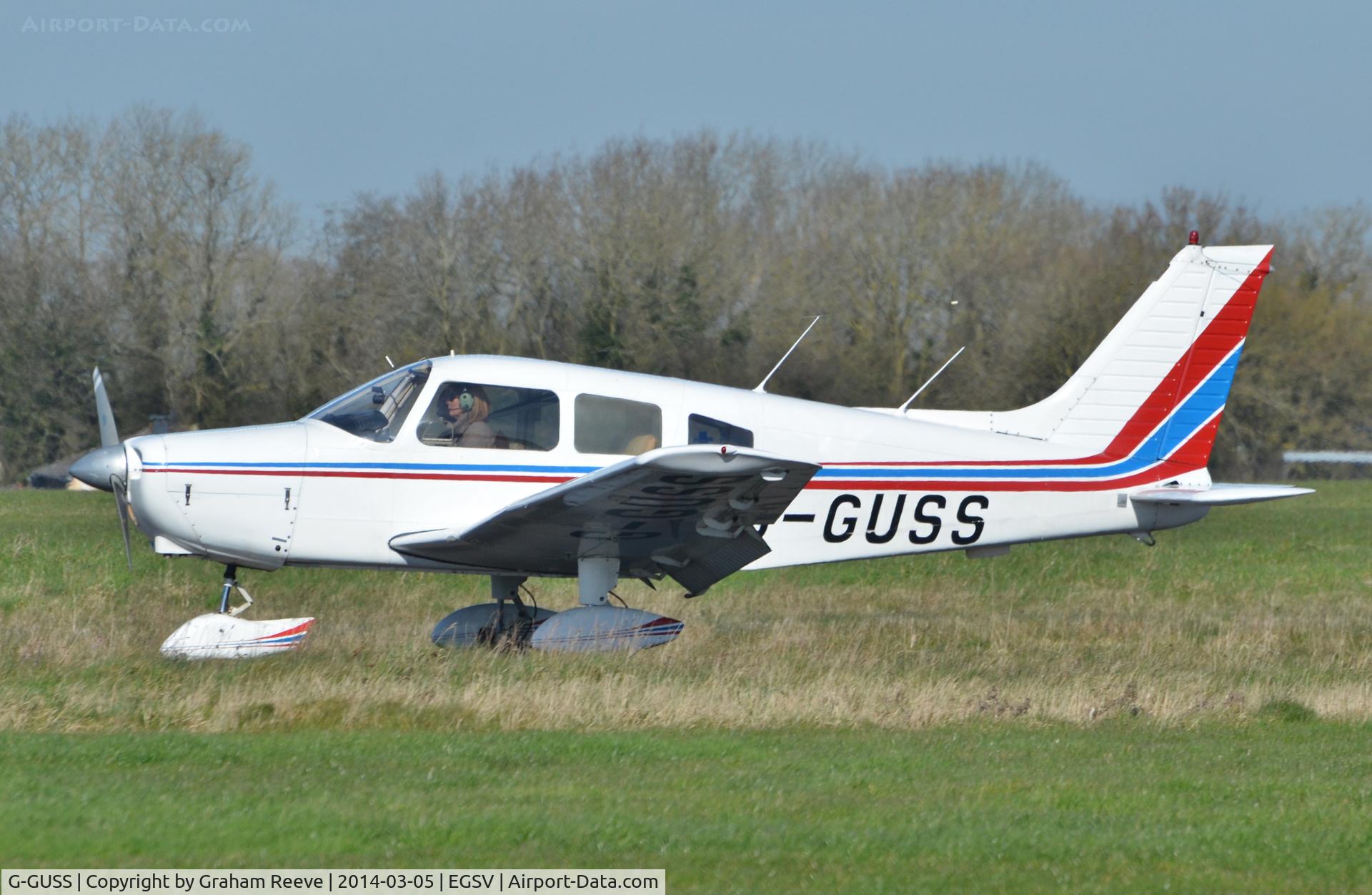 G-GUSS, 1974 Piper PA-28-151 Cherokee Warrior C/N 28-7415497, Just landed at Old Buckenham.