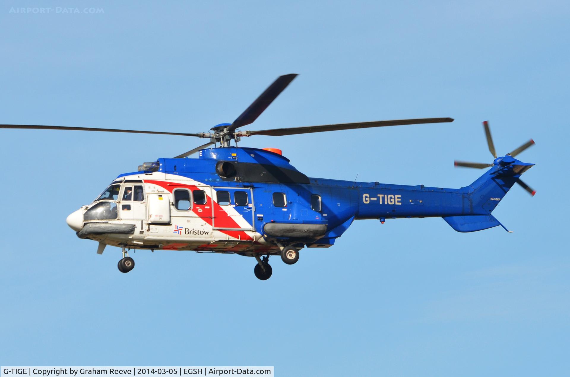 G-TIGE, 1982 Aerospatiale AS-332L Super Puma C/N 2028, About to land on runway 27.