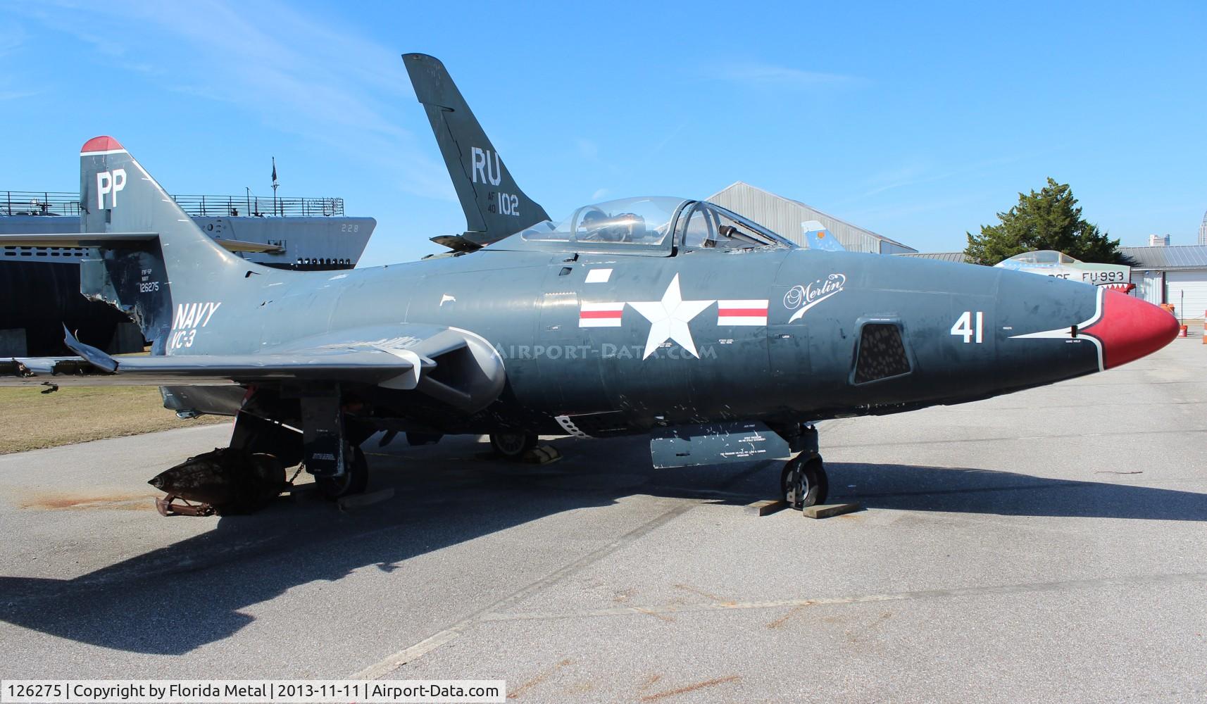 126275, 1950 Grumman F9F-5P Panther C/N Not found 126275, F9F-5P Panther at Battleship Alabama with some damage to it from Hurricanes Ivan and Katrina