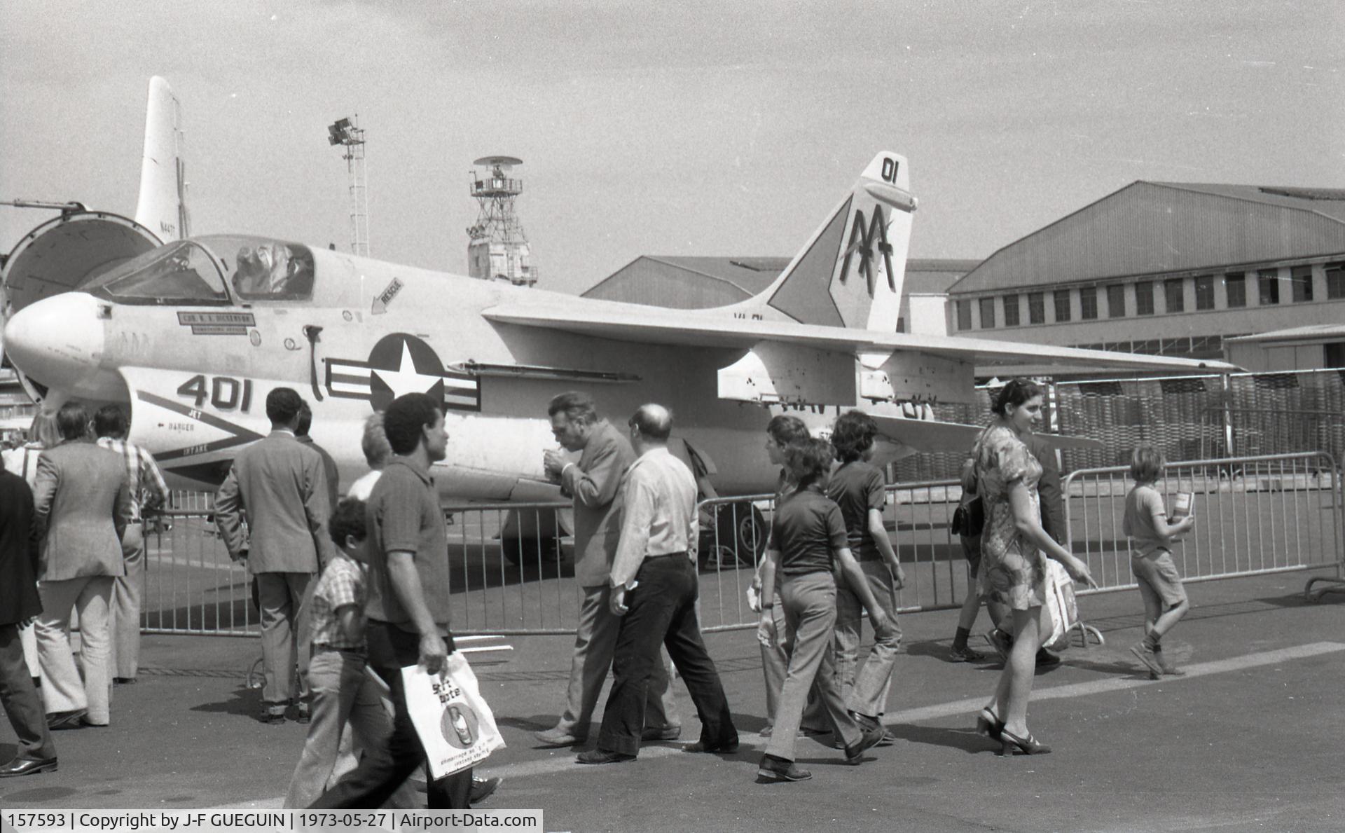 157593, LTV A-7E Corsair II C/N E-316, On display at 1973 Paris-Le Bourget Airshow (coded AA-401, squadron VA-81 aboard USS Forrestal (CVA-59)).