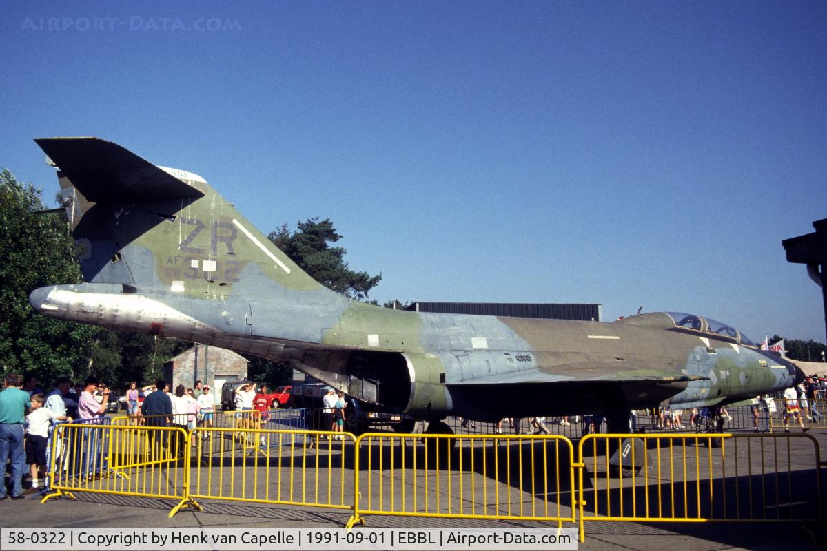 58-0322, 1958 McDonnell F-101B Voodoo C/N 694, USAF McDonnell F-101B Voodoo two-seat fighter on display at  Kleine Brogel Air Base, Belgium. The two engines are missing.