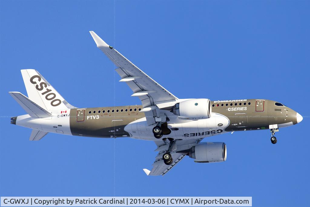 C-GWXJ, 2013 Bombardier CSeries CS100 (BD-500-1A10) C/N 50003, FTV3 returning from its second test flight. Earlier it flew a low and over at Ottawa Airport.