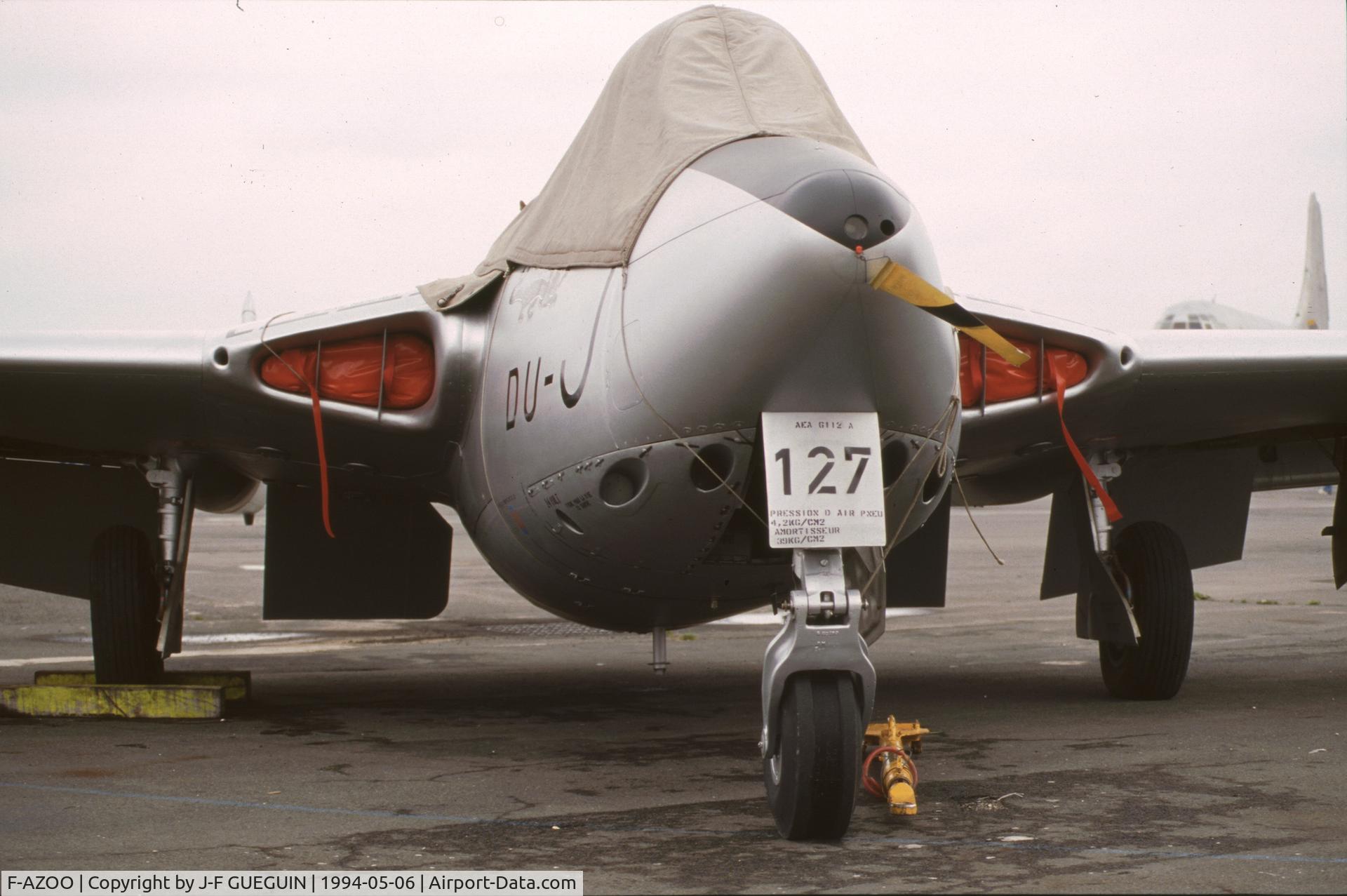 F-AZOO, De Havilland (FFA) Vampire FB.6 (DH-100) C/N 636, On display at Paris-Le Bourget Airport (1er Salon de l'Aviation Ancienne), painted as a French Air Force Vampire FB.51 in EC 2/2 