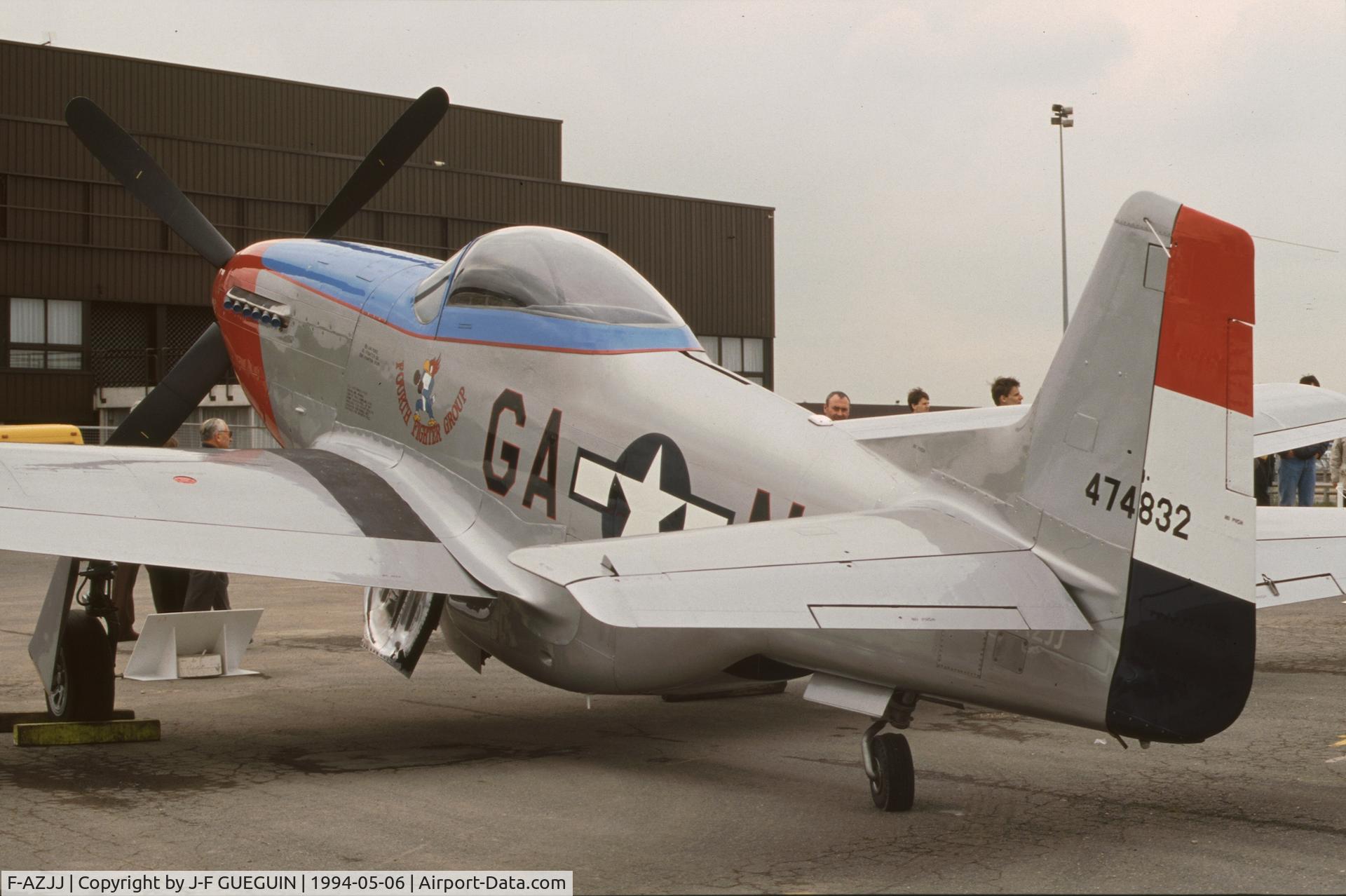 F-AZJJ, 1944 North American P-51D Mustang C/N 122-41046, On display at Paris-Le Bourget Airport (1er Salon de l'Aviation Ancienne, 1994), painted with serial 44-74832/code GA-N.