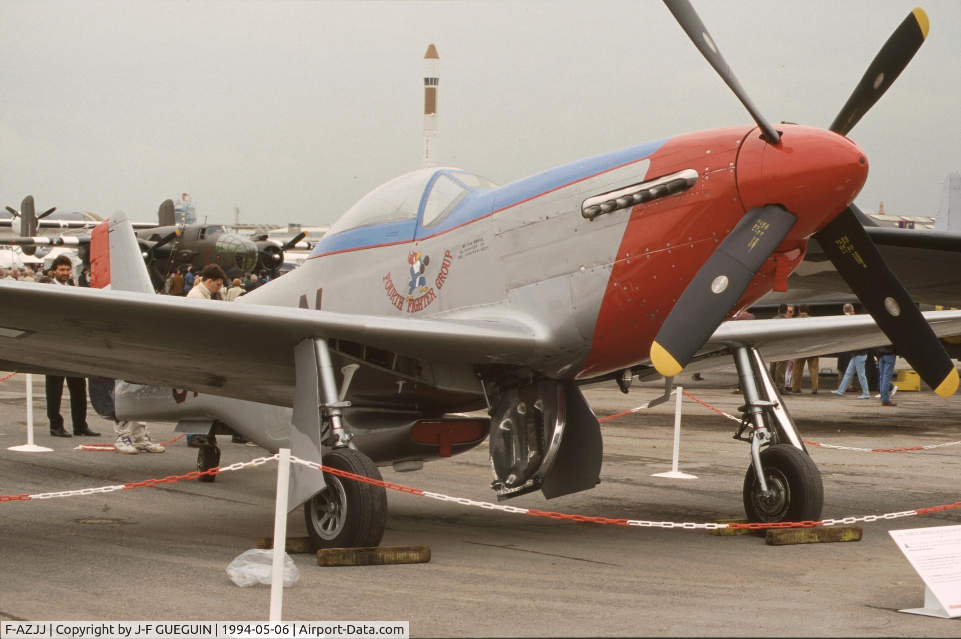 F-AZJJ, 1944 North American P-51D Mustang C/N 122-41046, On display at Paris-Le Bourget Airport (1er Salon de l'Aviation Ancienne, 1994), painted with serial 44-74832/code GA-N.