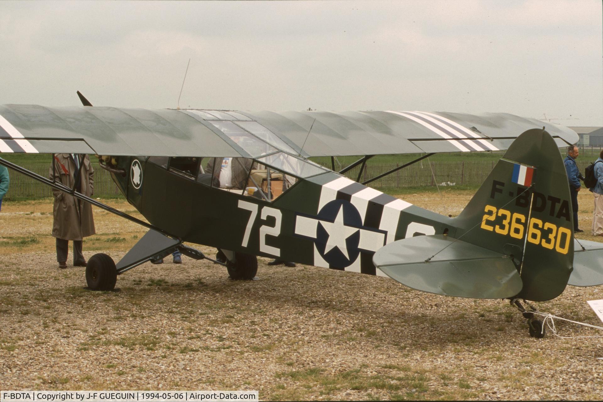 F-BDTA, Piper J3C-65 Cub Cub C/N 10174, On display at Paris-Le Bourget Airport (1er Salon de l'Aviation Ancienne, 1994) painted as L-4A with USAAF serial number 42-36630 and code 72-G.