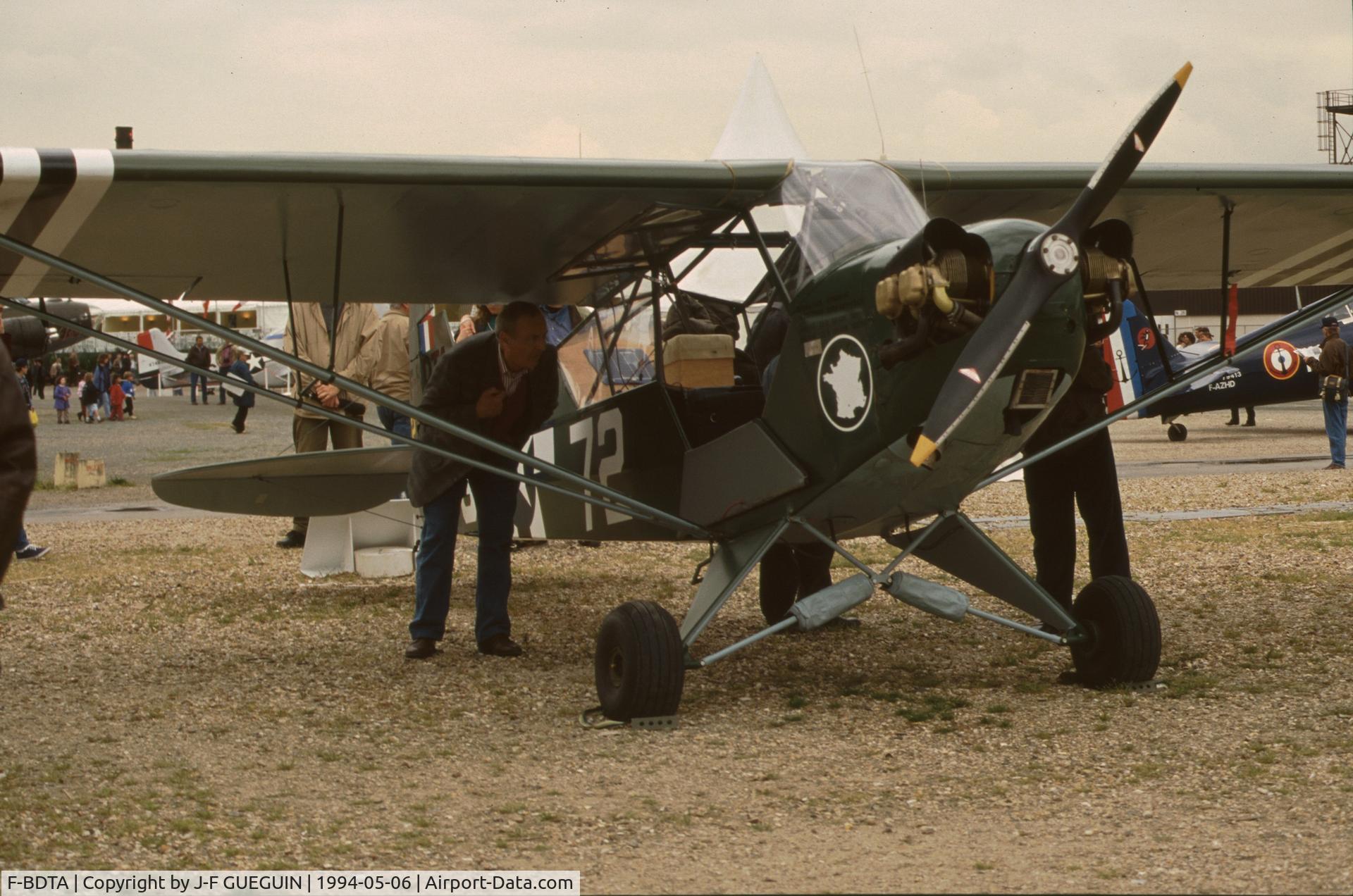 F-BDTA, Piper J3C-65 Cub Cub C/N 10174, On display at Paris-Le Bourget Airport (1er Salon de l'Aviation Ancienne, 1994) painted as L-4A with USAAF serial number 42-36630 and code 72-G.