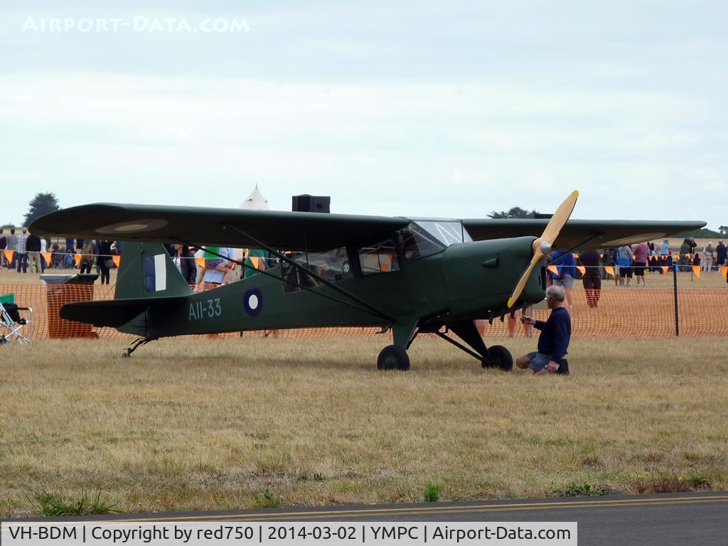 VH-BDM, 1942 Taylorcraft E Auster 3 C/N 639, Auster III at the RAAF100th Anniversary Airshow, Pt Cook, March 2, 2014