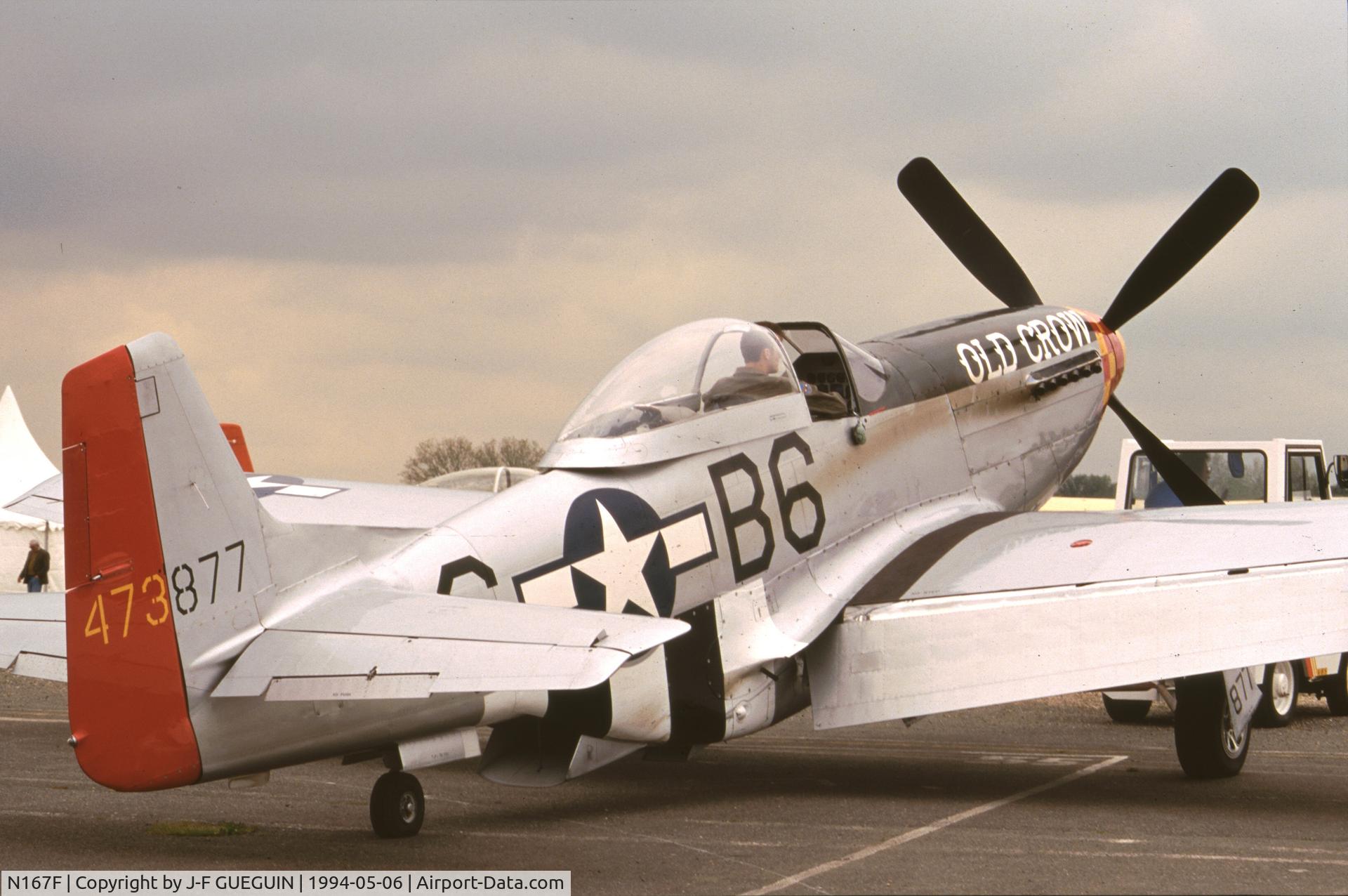N167F, 1944 North American P-51D Mustang C/N 122-40417, P-51D-25-NA, c/n 122-40417, serial 44-73877, on display at Paris-Le Bourget Airport (1er Salon de l'Aviation Ancienne, 1994).