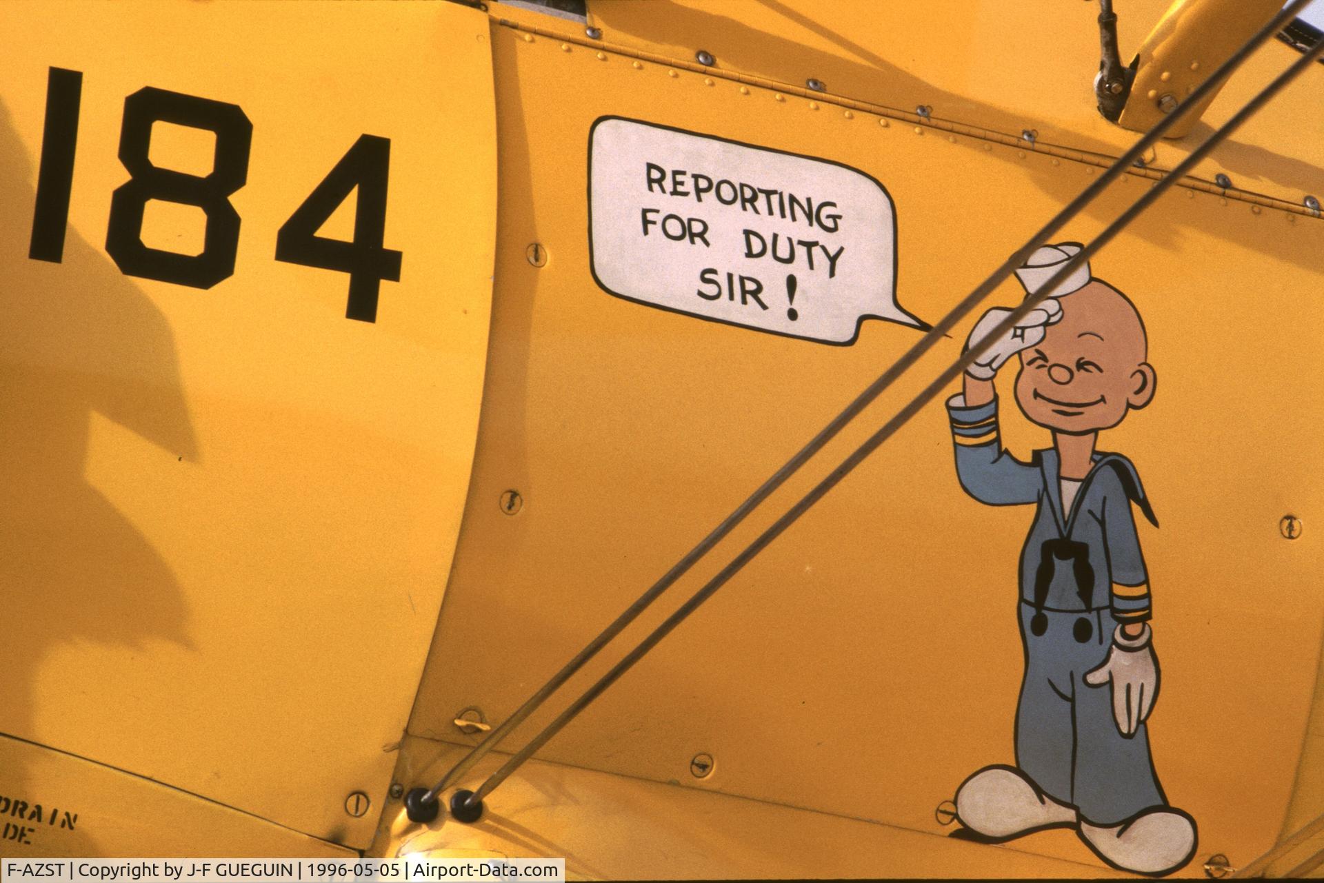 F-AZST, Boeing PT-17 Kaydet (A75N1) C/N A75-2184, ex-PT-17-BW Kaydet, serial 41-8625, on display at Paris-Le Bourget Airport (Salon des Avions de Légende, 1996).