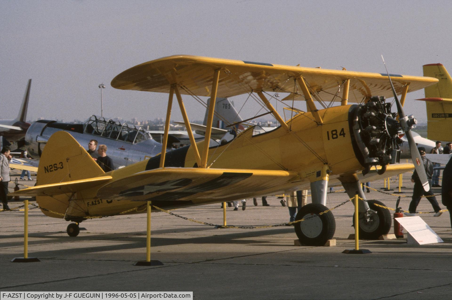 F-AZST, Boeing PT-17 Kaydet (A75N1) C/N A75-2184, ex-PT-17-BW Kaydet, serial 41-8625, on display at Paris-Le Bourget Airport (Salon des Avions de Légende, 1996), painted as US Navy N2S-3