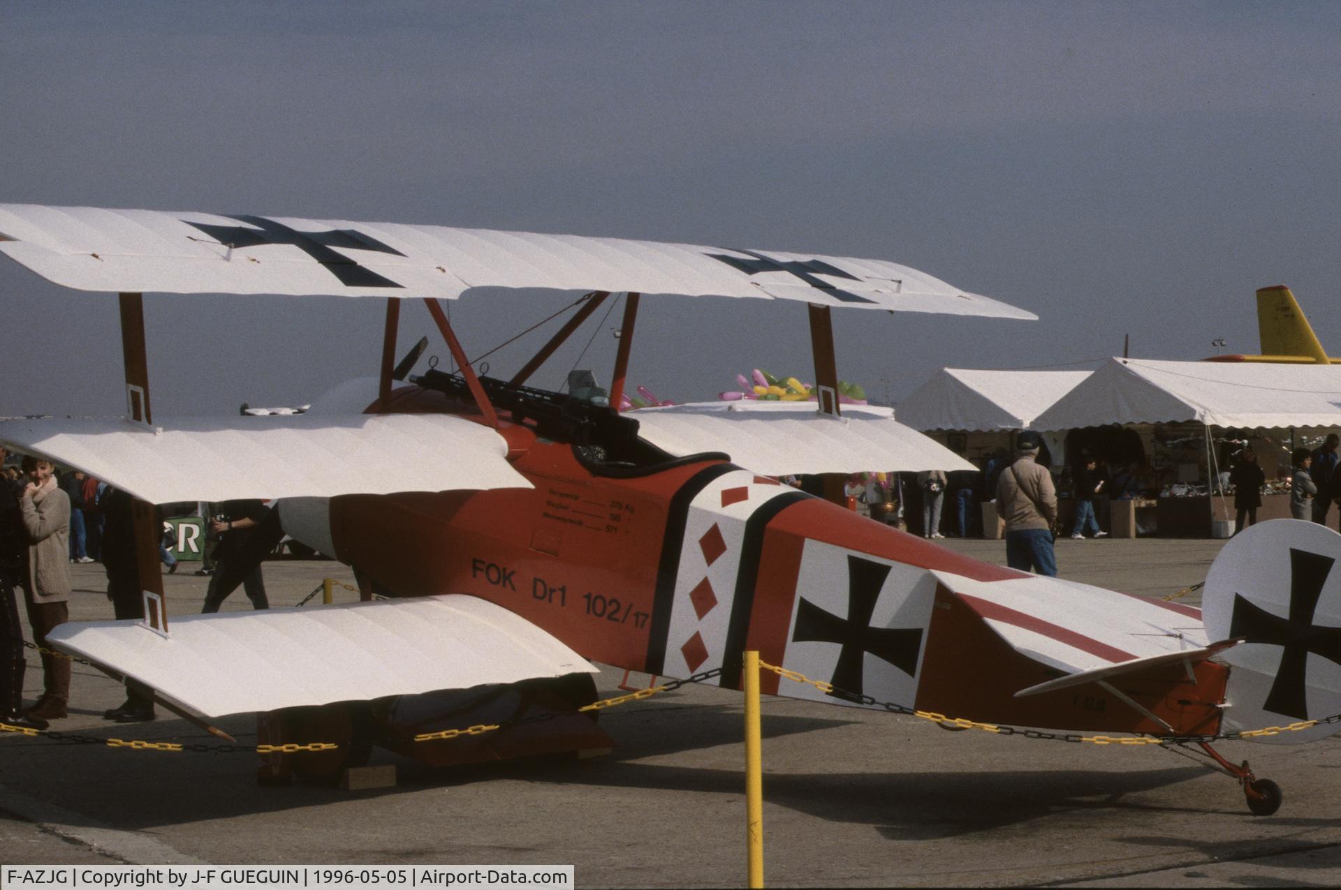 F-AZJG, Fokker Dr.1 Triplane Replica C/N 01JS, On display at Paris-Le Bourget Airport (Salon des Avions de Légende, 1996); will be destroyed on 2001-08-11.