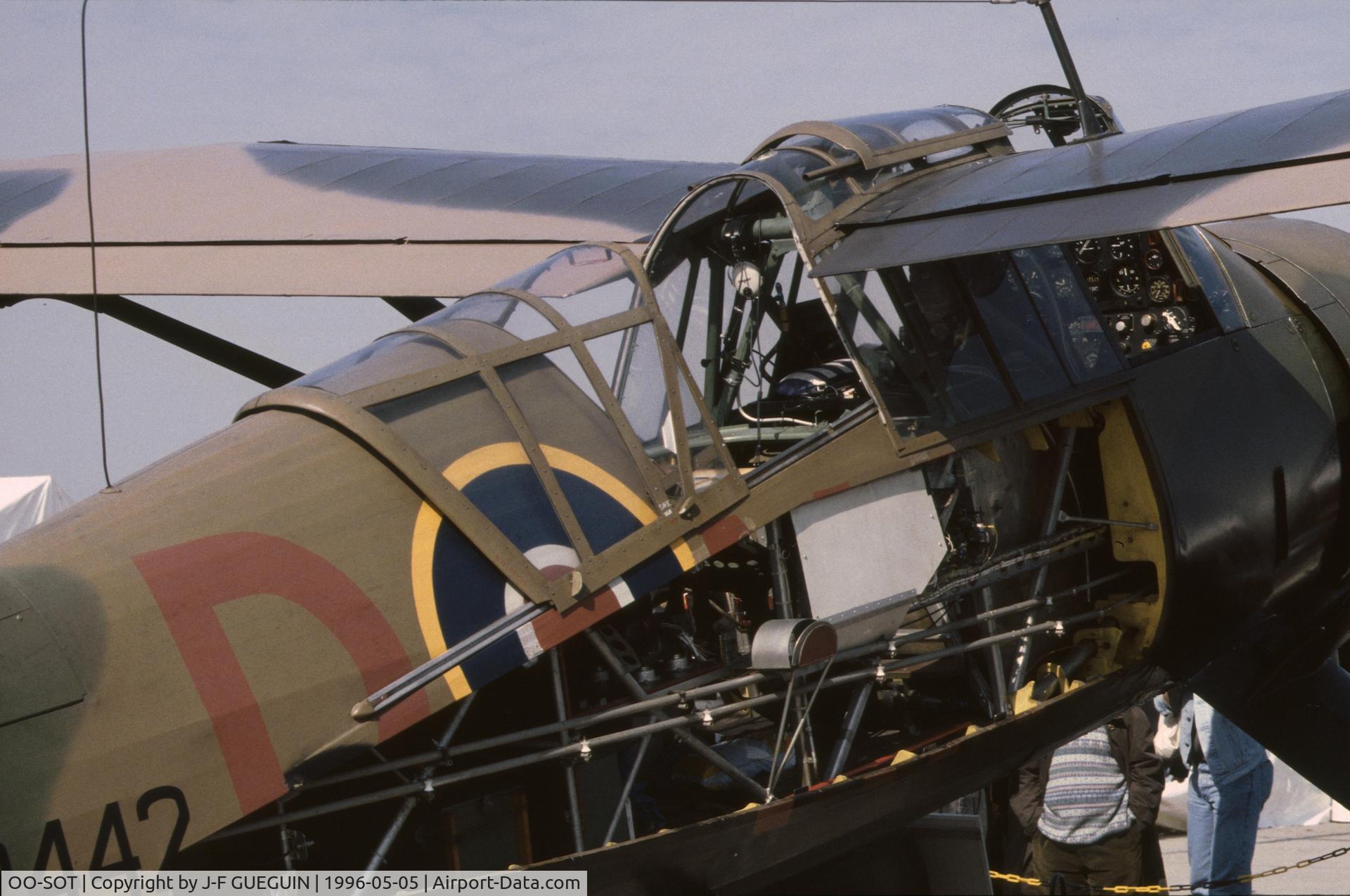 OO-SOT, 1942 Westland Lysander IIIA C/N Y1530, On display at Paris-Le Bourget Airport (Salon des Avions de Légende, 1996); basic airframe, c/n Y1530, built by Westland, RAF serial V8546, but parts from RCAF serial 2442 built by National Steel Car Corp.