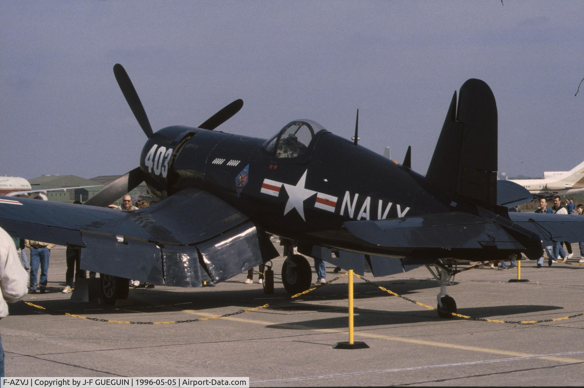 F-AZVJ, 1945 Vought F4U-4 Corsair C/N 9418, US Navy BuAer 97267 on display at Paris-Le Bourget Airport (Salon des Avions de Légende, 1996), painted with US Navy VF-142 squadron markings.