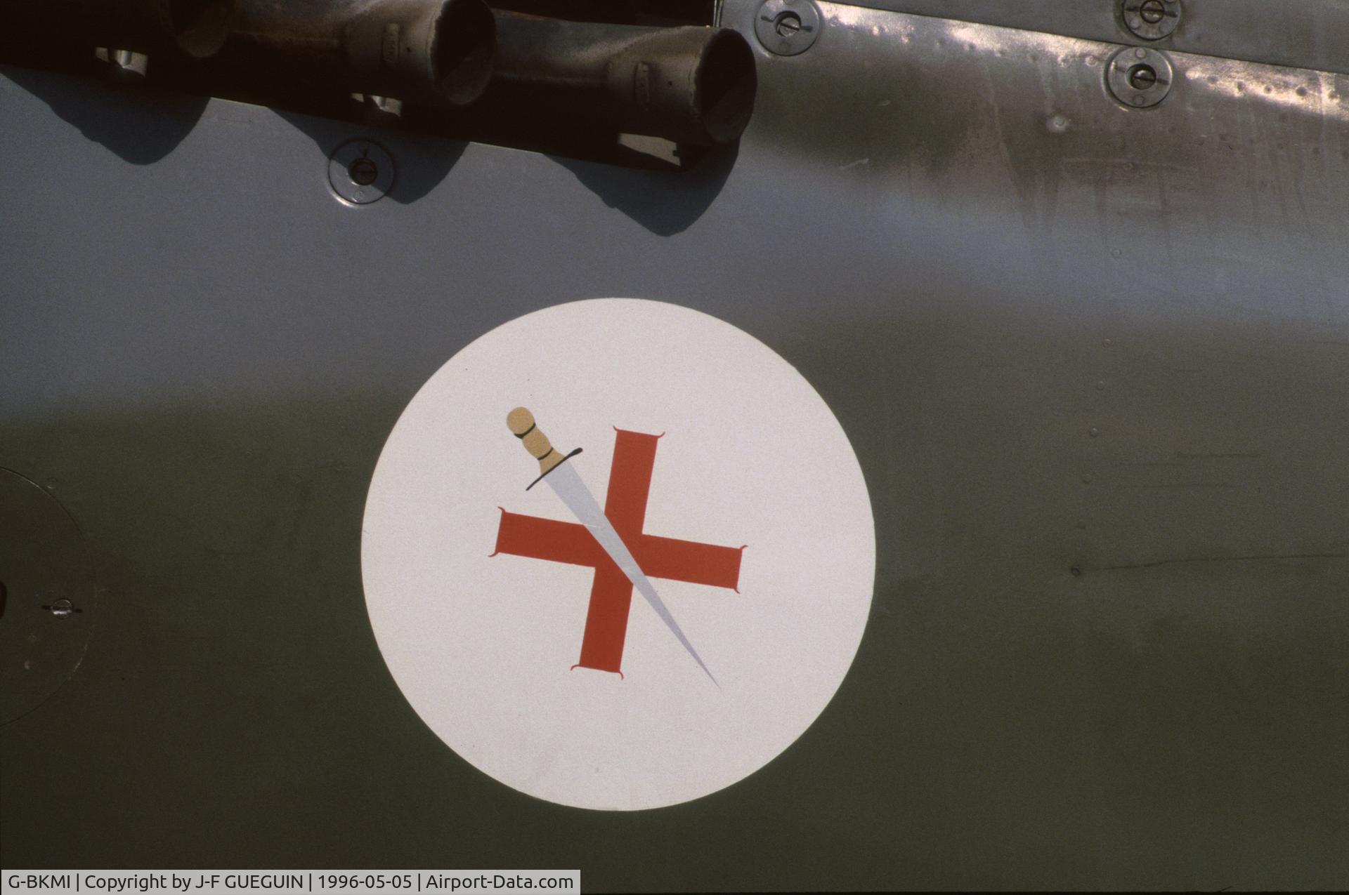 G-BKMI, 1944 Supermarine 359 Spitfire HF.VIIIc C/N 6S/583793, On display at Paris-Le Bourget Airport (Salon des Avions de Légende, 1996); badge of RAF 145 squadron.
