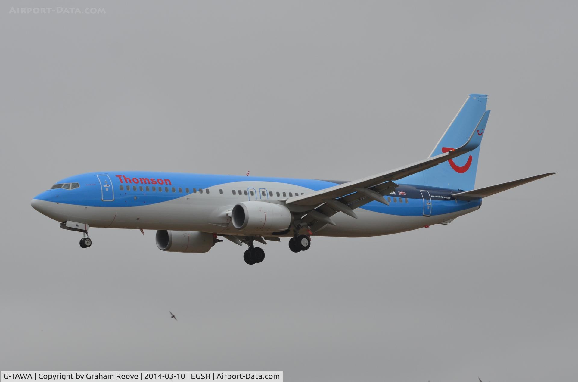 G-TAWA, 2012 Boeing 737-8K5 C/N 37264, Coming in to land at Norwich.