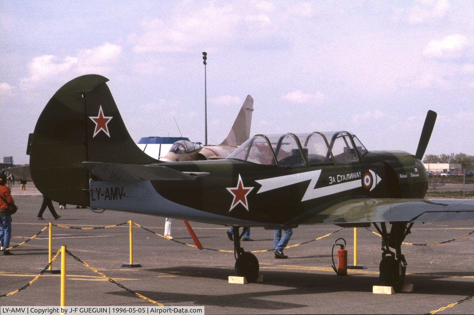 LY-AMV, 1988 Yakovlev Yak-52 C/N 889109, On display at Paris-Le Bourget Airport (Salon des Avions de Légende, 1996).