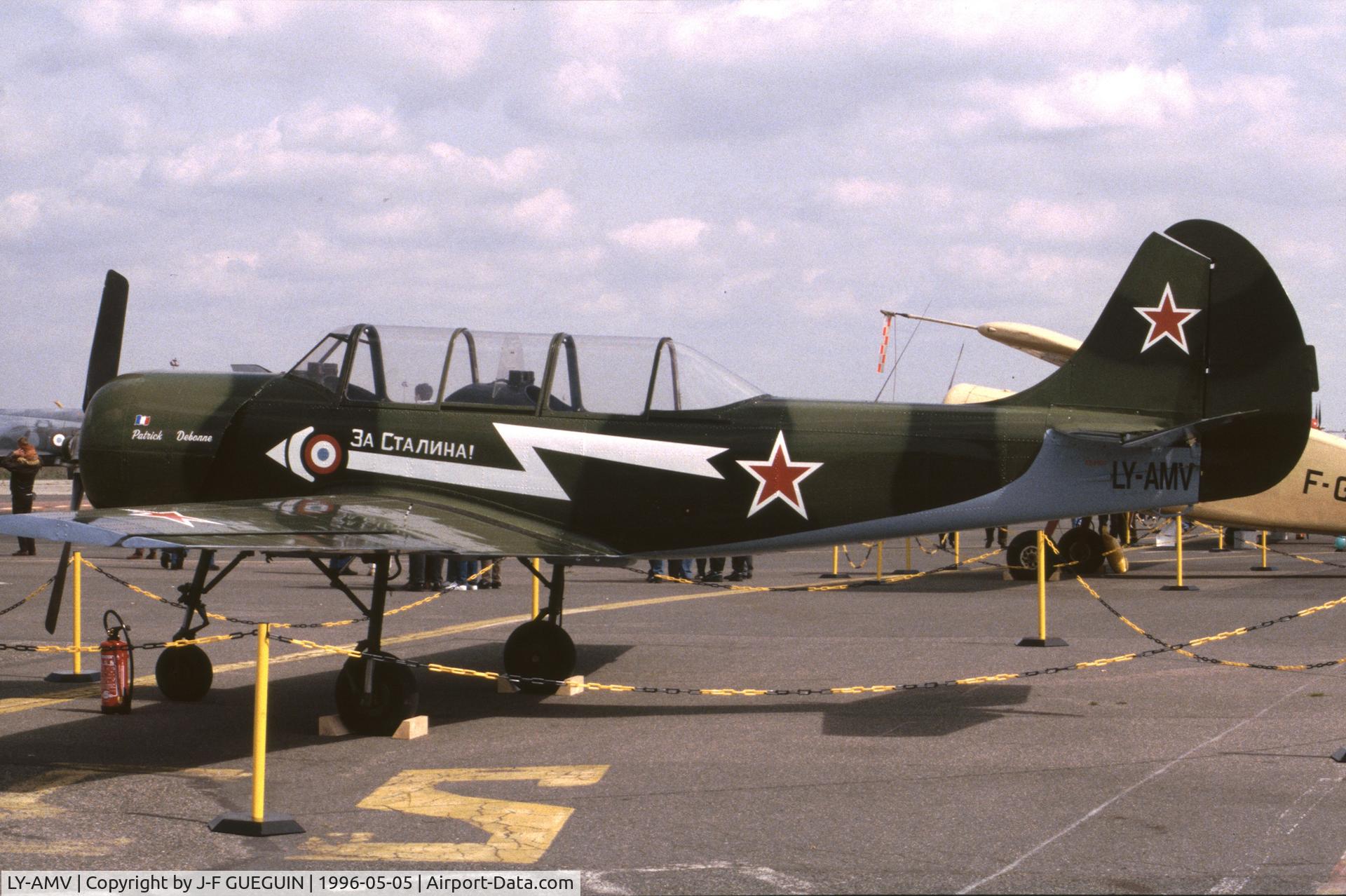 LY-AMV, 1988 Yakovlev Yak-52 C/N 889109, On display at Paris-Le Bourget Airport (Salon des Avions de Légende, 1996).