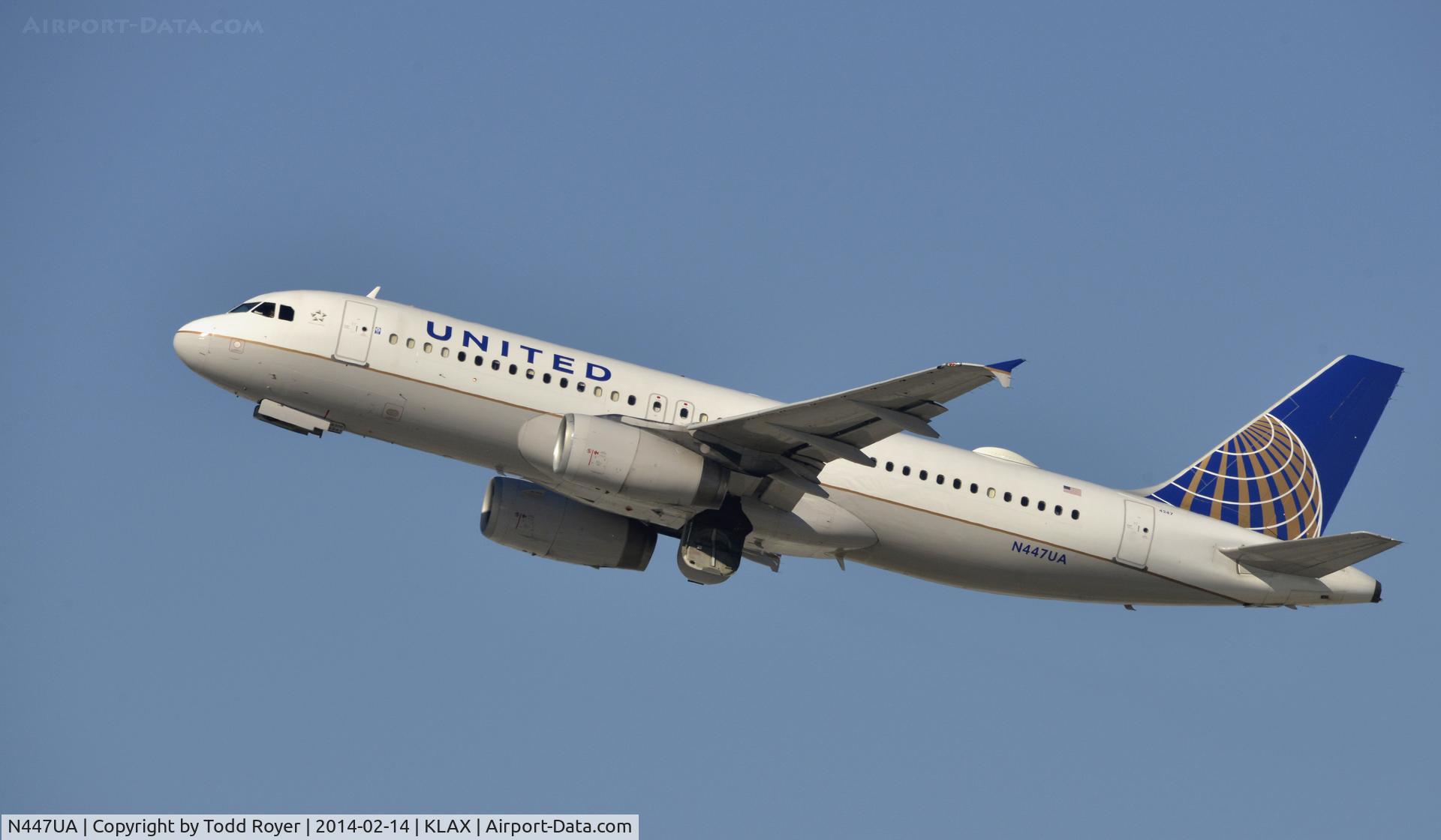 N447UA, 1998 Airbus A320-232 C/N 836, Departing LAX on 25R