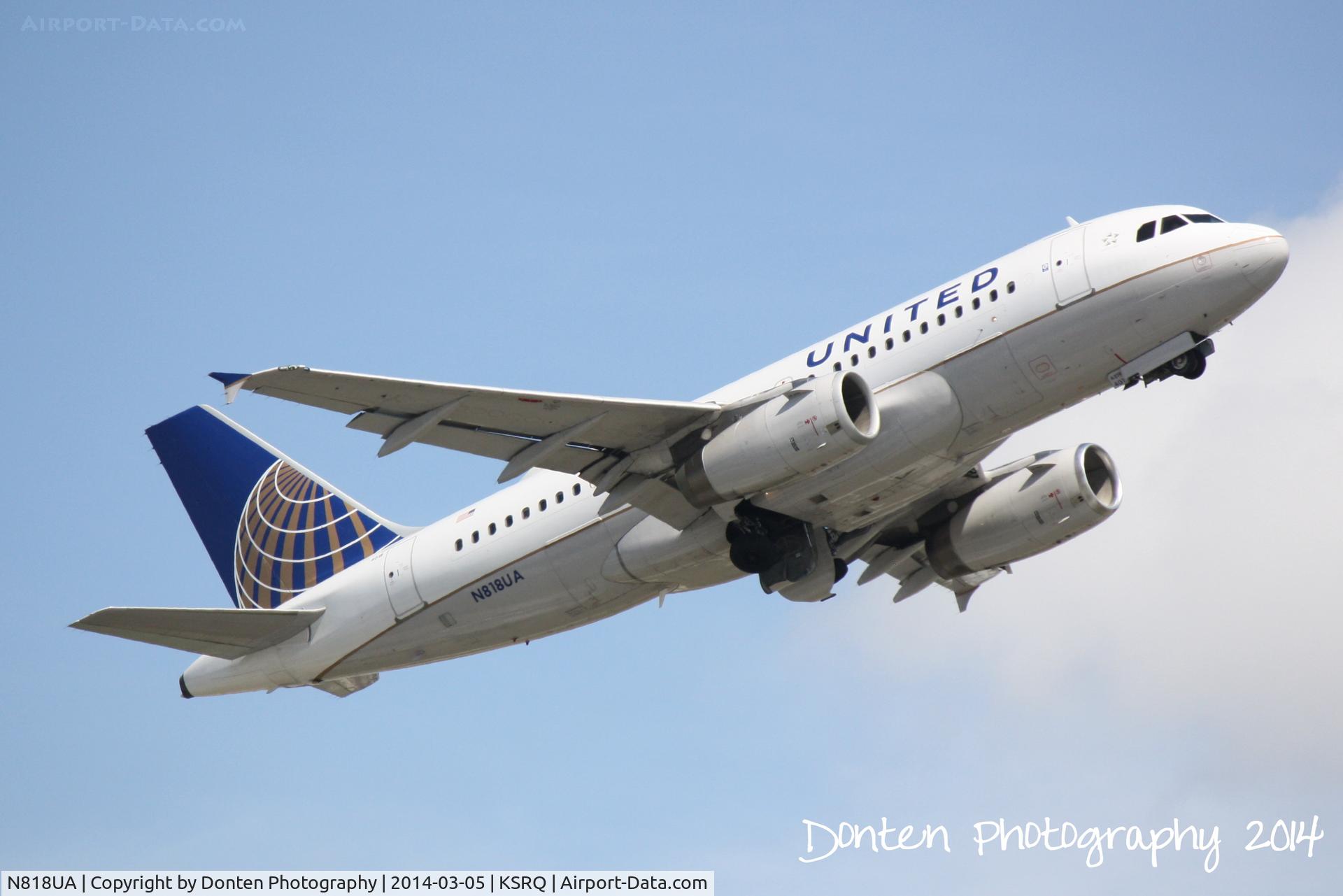 N818UA, 1998 Airbus A319-131 C/N 882, United Flight 617 (N818UA) departs Sarasota-Bradenton International Airport enroute to Chicago-O'Hare International Airport