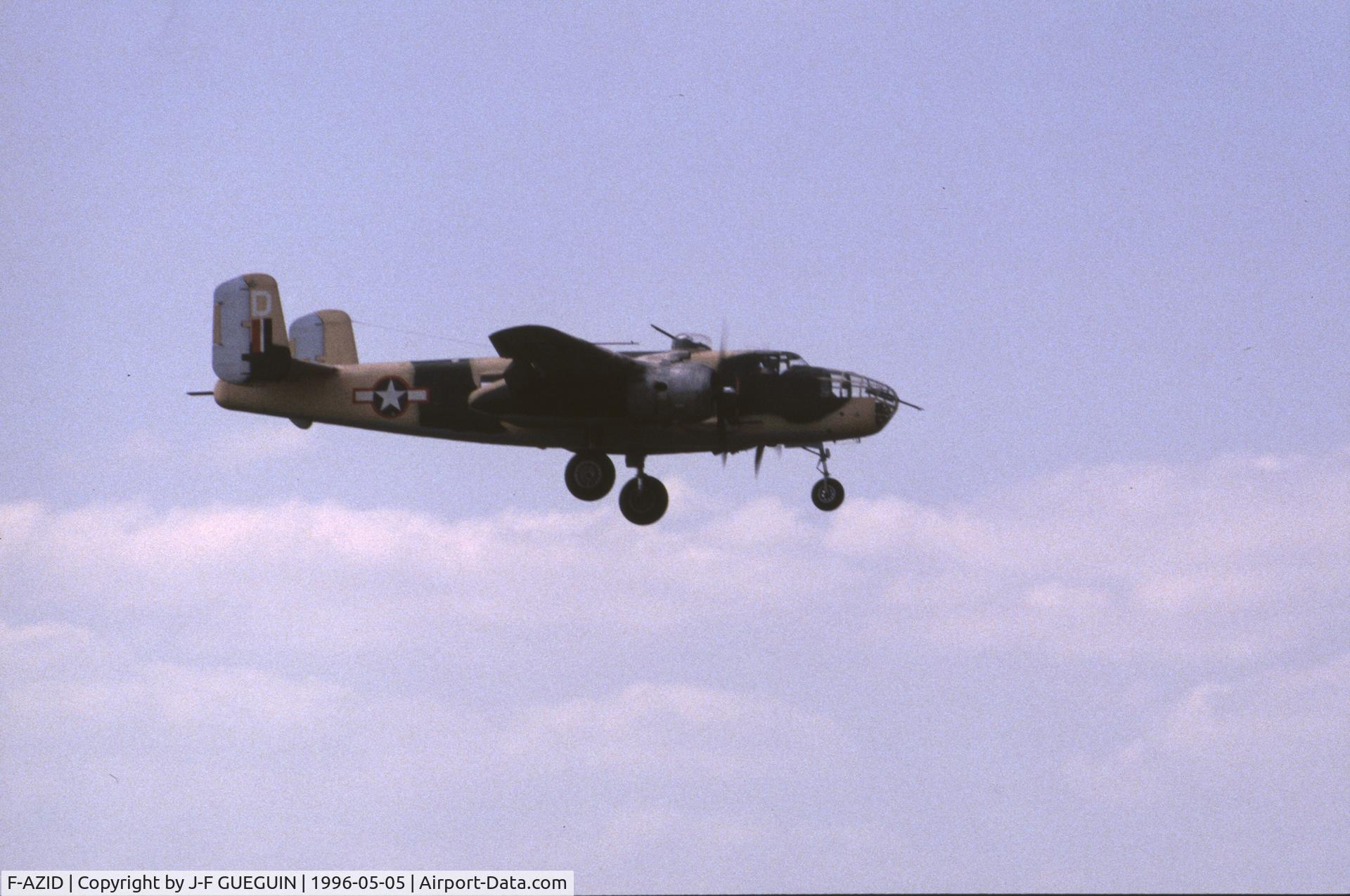 F-AZID, 1945 North American B-25J Mitchell Mitchell C/N 108-47562, In flight while landing at Paris-Le Bourget Airport (Salon des Avions de Légende, 1996).