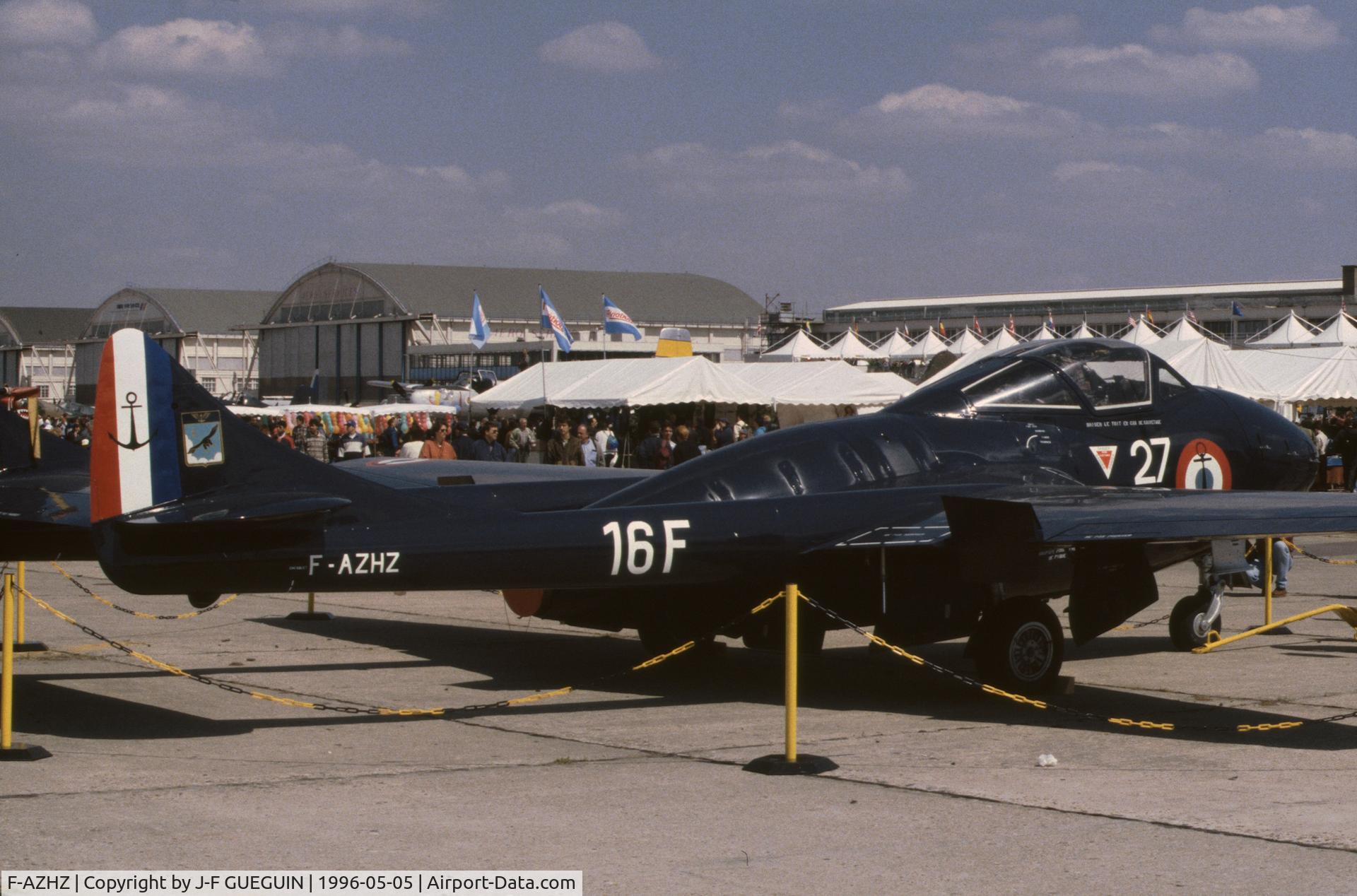 F-AZHZ, De Havilland DH-115 Vampire T.55 C/N 864, On display at Paris-Le Bourget Airport (Salon des Avions de Légende, 1996); fuselage bought in England but aircraft assembled by EFW (FFA) in Switzerland; painted as SNCASE licence-built Aquilon 202 (Sea Venom Mk.20) (French Navy 16F, Hyères, 1962 circa)