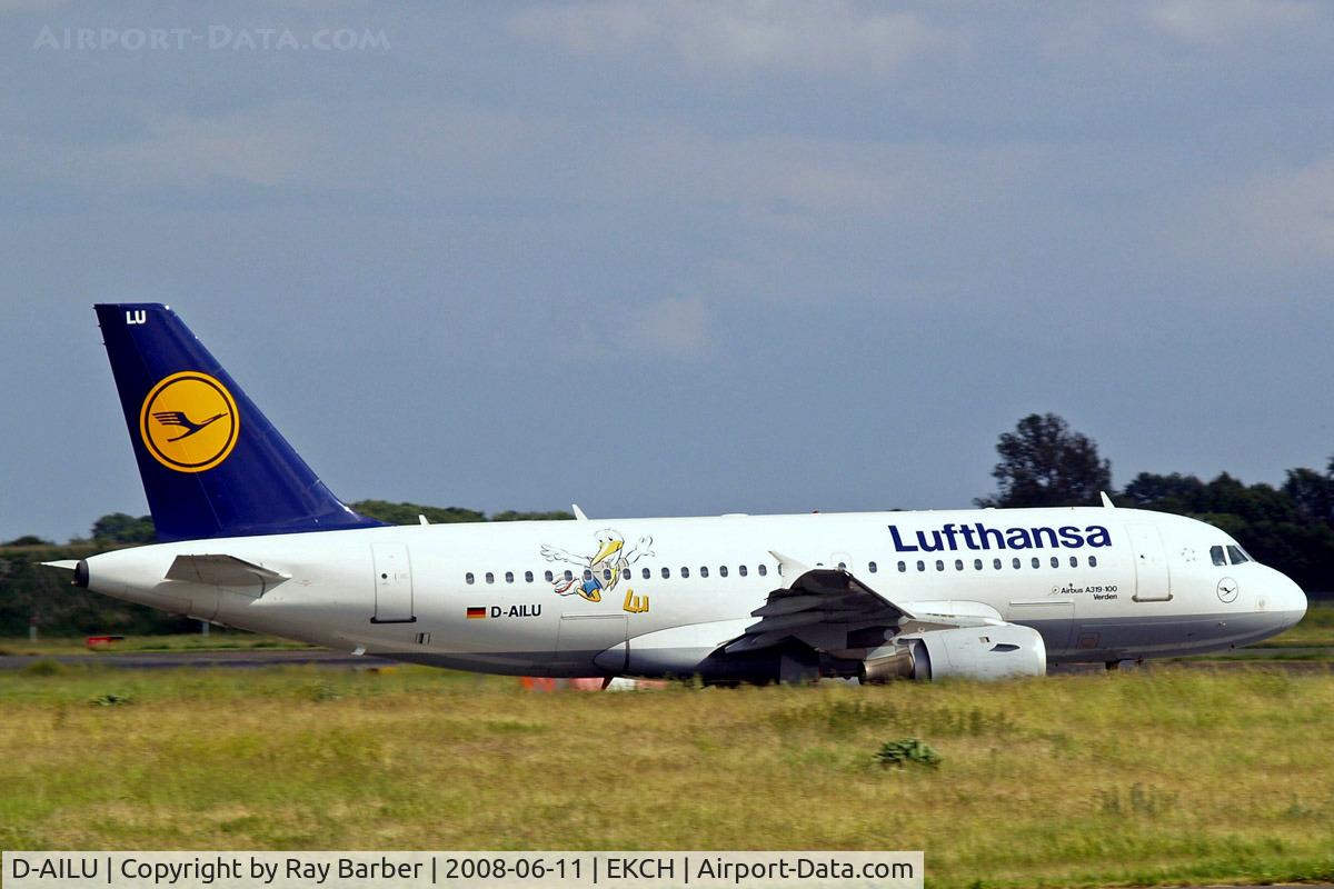 D-AILU, 1997 Airbus A319-114 C/N 744, Airbus A319-114 [0744] (Lufthansa) Copenhagen-Kastrup~OY 11/06/2008. No wheels as runway is below the level of the grass.
