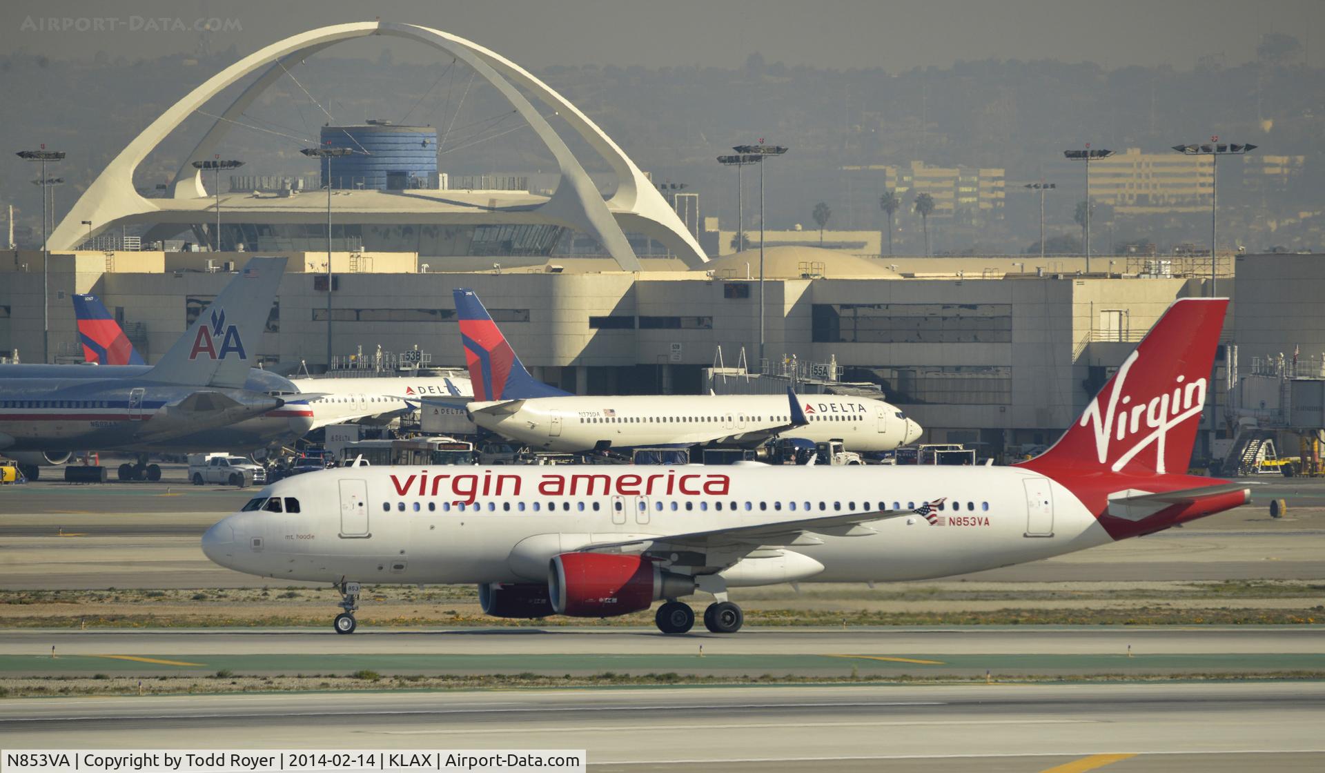 N853VA, 2012 Airbus A320-214 C/N 5034, Taxiing to gate at LAX