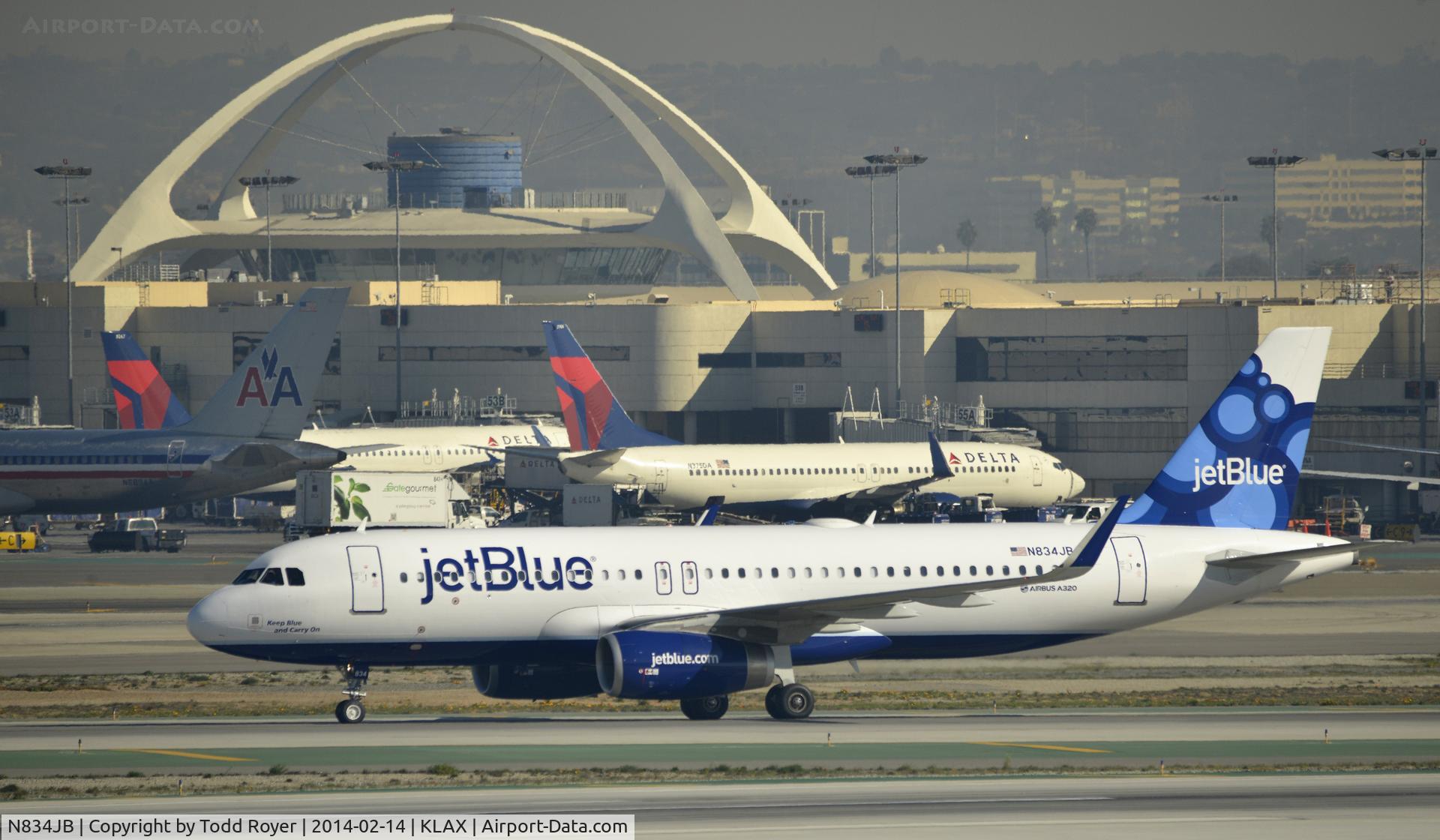 N834JB, 2013 Airbus A320-232 C/N 5782, Taxiing to gate at LAX