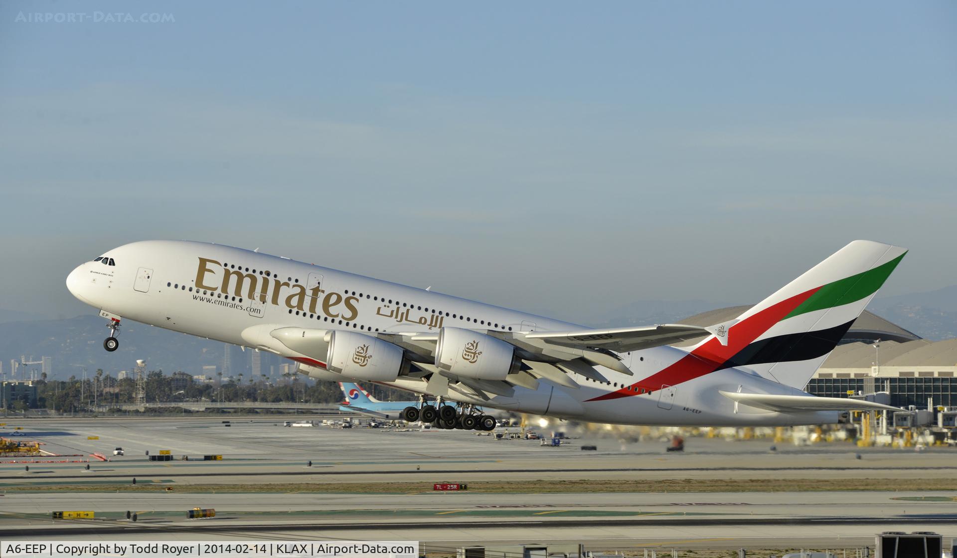 A6-EEP, 2013 Airbus A380-861 C/N 138, Departing LAX on 25L